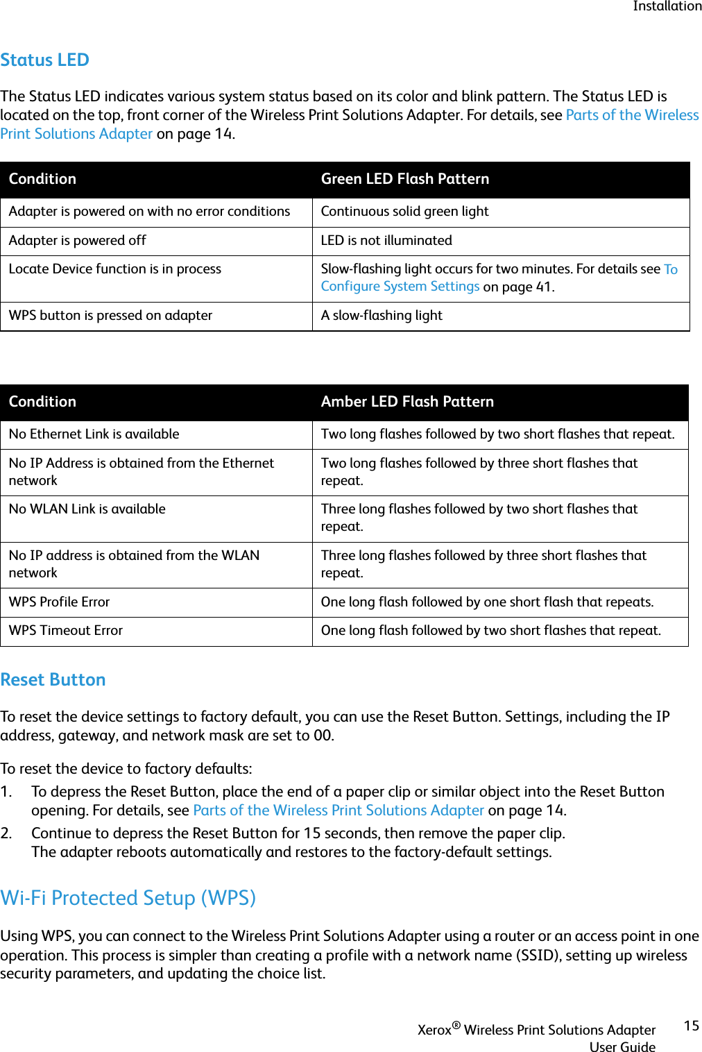 InstallationXerox® Wireless Print Solutions AdapterUser Guide15Status LEDThe Status LED indicates various system status based on its color and blink pattern. The Status LED is located on the top, front corner of the Wireless Print Solutions Adapter. For details, see Parts of the Wireless Print Solutions Adapter on page 14.Reset ButtonTo reset the device settings to factory default, you can use the Reset Button. Settings, including the IP address, gateway, and network mask are set to 00.To reset the device to factory defaults:1. To depress the Reset Button, place the end of a paper clip or similar object into the Reset Button opening. For details, see Parts of the Wireless Print Solutions Adapter on page 14.2. Continue to depress the Reset Button for 15 seconds, then remove the paper clip.The adapter reboots automatically and restores to the factory-default settings.Wi-Fi Protected Setup (WPS)Using WPS, you can connect to the Wireless Print Solutions Adapter using a router or an access point in one operation. This process is simpler than creating a profile with a network name (SSID), setting up wireless security parameters, and updating the choice list.Condition Green LED Flash PatternAdapter is powered on with no error conditions Continuous solid green lightAdapter is powered off LED is not illuminatedLocate Device function is in process Slow-flashing light occurs for two minutes. For details see To Configure System Settings on page 41.WPS button is pressed on adapter A slow-flashing lightCondition Amber LED Flash PatternNo Ethernet Link is available Two long flashes followed by two short flashes that repeat.No IP Address is obtained from the Ethernet networkTwo long flashes followed by three short flashes that repeat.No WLAN Link is available Three long flashes followed by two short flashes that repeat.No IP address is obtained from the WLAN networkThree long flashes followed by three short flashes that repeat.WPS Profile Error One long flash followed by one short flash that repeats.WPS Timeout Error One long flash followed by two short flashes that repeat.