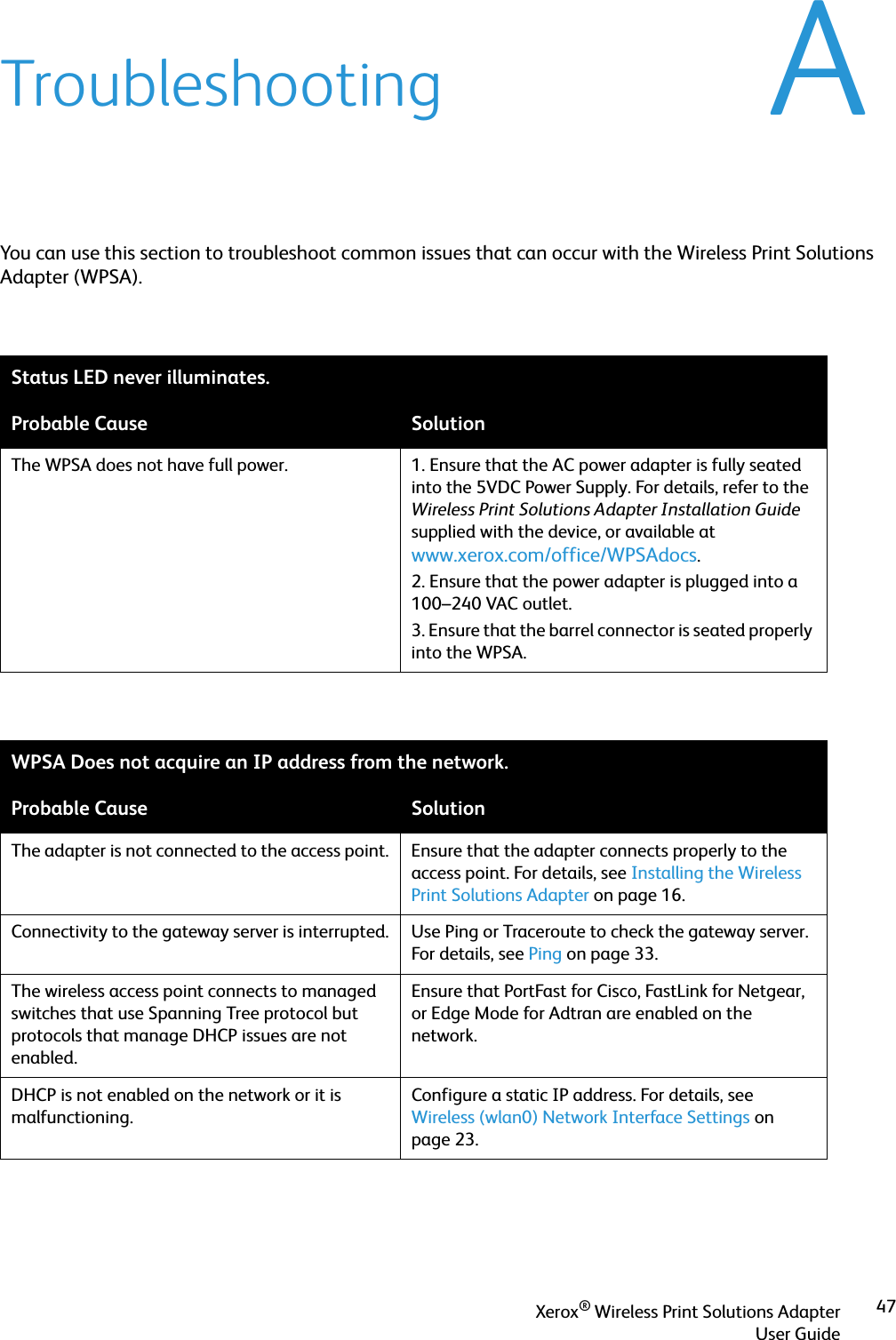 Xerox® Wireless Print Solutions AdapterUser Guide47ATroubleshootingYou can use this section to troubleshoot common issues that can occur with the Wireless Print Solutions Adapter (WPSA).Status LED never illuminates.Probable Cause SolutionThe WPSA does not have full power. 1. Ensure that the AC power adapter is fully seated into the 5VDC Power Supply. For details, refer to the Wireless Print Solutions Adapter Installation Guide supplied with the device, or available at www.xerox.com/office/WPSAdocs.2. Ensure that the power adapter is plugged into a 100–240 VAC outlet.3. Ensure that the barrel connector is seated properly into the WPSA.WPSA Does not acquire an IP address from the network.Probable Cause SolutionThe adapter is not connected to the access point. Ensure that the adapter connects properly to the access point. For details, see Installing the Wireless Print Solutions Adapter on page 16.Connectivity to the gateway server is interrupted. Use Ping or Traceroute to check the gateway server. For details, see Ping on page 33.The wireless access point connects to managed switches that use Spanning Tree protocol but protocols that manage DHCP issues are not enabled.Ensure that PortFast for Cisco, FastLink for Netgear, or Edge Mode for Adtran are enabled on the network.DHCP is not enabled on the network or it is malfunctioning.Configure a static IP address. For details, see Wireless (wlan0) Network Interface Settings on page 23.