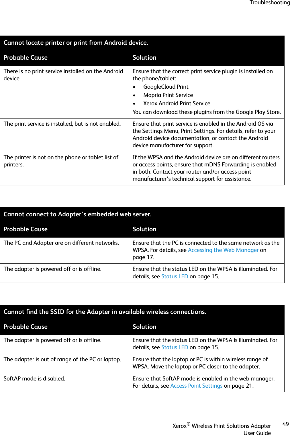 TroubleshootingXerox® Wireless Print Solutions AdapterUser Guide49Cannot locate printer or print from Android device.Probable Cause SolutionThere is no print service installed on the Android device.Ensure that the correct print service plugin is installed on the phone/tablet:• GoogleCloud Print• Mopria Print Service• Xerox Android Print ServiceYou can download these plugins from the Google Play Store.The print service is installed, but is not enabled. Ensure that print service is enabled in the Android OS via the Settings Menu, Print Settings. For details, refer to your Android device documentation, or contact the Android device manufacturer for support.The printer is not on the phone or tablet list of printers.If the WPSA and the Android device are on different routers or access points, ensure that mDNS Forwarding is enabled in both. Contact your router and/or access point manufacturer&apos;s technical support for assistance.Cannot connect to Adapter&apos;s embedded web server.Probable Cause SolutionThe PC and Adapter are on different networks. Ensure that the PC is connected to the same network as the WPSA. For details, see Accessing the Web Manager on page 17.The adapter is powered off or is offline. Ensure that the status LED on the WPSA is illuminated. For details, see Status LED on page 15.Cannot find the SSID for the Adapter in available wireless connections.Probable Cause SolutionThe adapter is powered off or is offline. Ensure that the status LED on the WPSA is illuminated. For details, see Status LED on page 15.The adapter is out of range of the PC or laptop. Ensure that the laptop or PC is within wireless range of WPSA. Move the laptop or PC closer to the adapter.SoftAP mode is disabled. Ensure that SoftAP mode is enabled in the web manager. For details, see Access Point Settings on page 21.