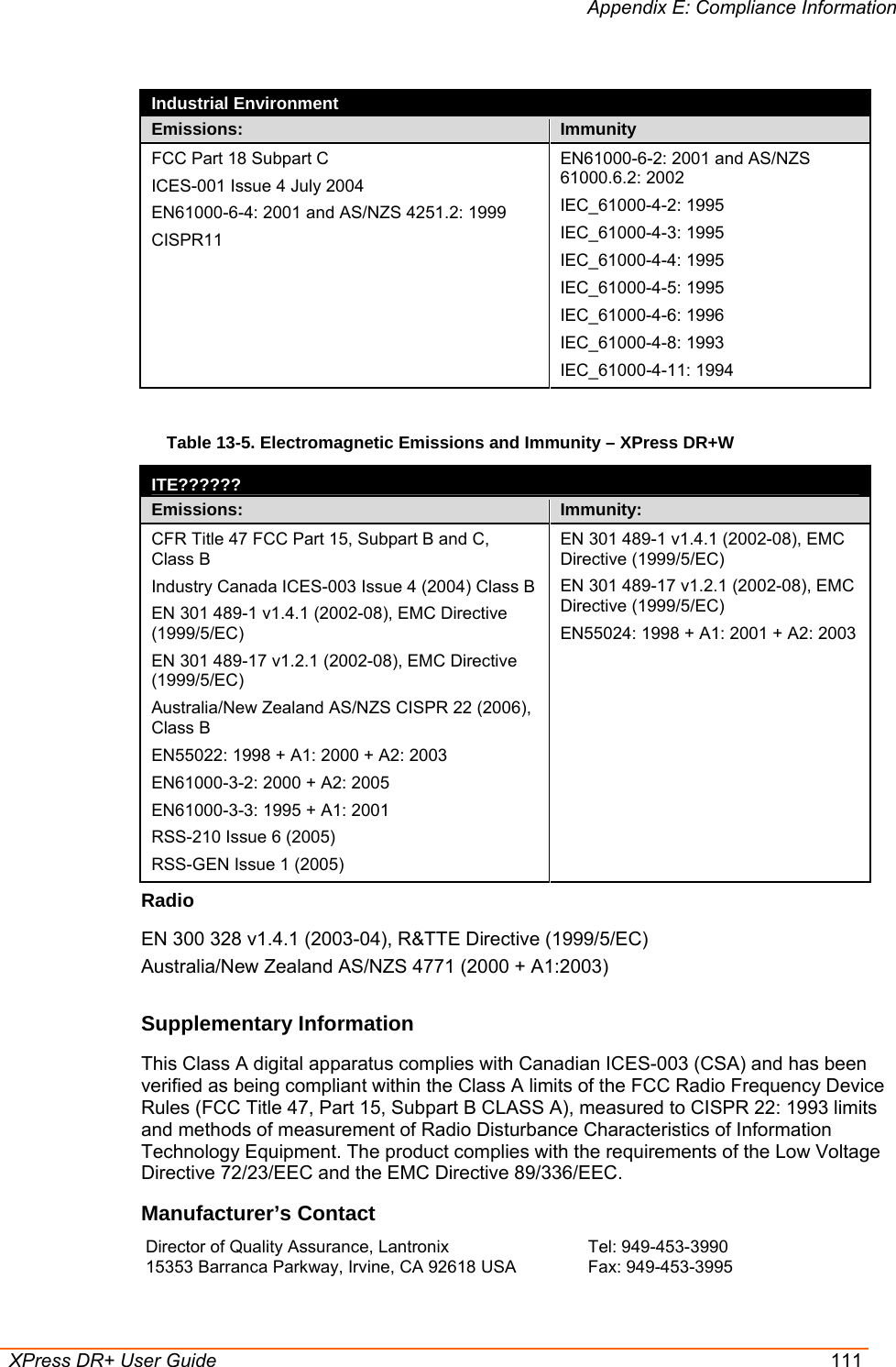 Appendix E: Compliance Information  XPress DR+ User Guide  111  Industrial Environment Emissions:  Immunity FCC Part 18 Subpart C ICES-001 Issue 4 July 2004 EN61000-6-4: 2001 and AS/NZS 4251.2: 1999 CISPR11  EN61000-6-2: 2001 and AS/NZS 61000.6.2: 2002 IEC_61000-4-2: 1995 IEC_61000-4-3: 1995 IEC_61000-4-4: 1995 IEC_61000-4-5: 1995 IEC_61000-4-6: 1996 IEC_61000-4-8: 1993 IEC_61000-4-11: 1994  Table 13-5. Electromagnetic Emissions and Immunity – XPress DR+W ITE??????  Emissions:  Immunity: CFR Title 47 FCC Part 15, Subpart B and C,  Class B Industry Canada ICES-003 Issue 4 (2004) Class B EN 301 489-1 v1.4.1 (2002-08), EMC Directive (1999/5/EC) EN 301 489-17 v1.2.1 (2002-08), EMC Directive (1999/5/EC) Australia/New Zealand AS/NZS CISPR 22 (2006), Class B EN55022: 1998 + A1: 2000 + A2: 2003 EN61000-3-2: 2000 + A2: 2005 EN61000-3-3: 1995 + A1: 2001 RSS-210 Issue 6 (2005) RSS-GEN Issue 1 (2005) EN 301 489-1 v1.4.1 (2002-08), EMC Directive (1999/5/EC) EN 301 489-17 v1.2.1 (2002-08), EMC Directive (1999/5/EC) EN55024: 1998 + A1: 2001 + A2: 2003  Radio    EN 300 328 v1.4.1 (2003-04), R&amp;TTE Directive (1999/5/EC) Australia/New Zealand AS/NZS 4771 (2000 + A1:2003)  Supplementary Information  This Class A digital apparatus complies with Canadian ICES-003 (CSA) and has been verified as being compliant within the Class A limits of the FCC Radio Frequency Device Rules (FCC Title 47, Part 15, Subpart B CLASS A), measured to CISPR 22: 1993 limits and methods of measurement of Radio Disturbance Characteristics of Information Technology Equipment. The product complies with the requirements of the Low Voltage Directive 72/23/EEC and the EMC Directive 89/336/EEC.  Manufacturer’s Contact  Director of Quality Assurance, Lantronix  15353 Barranca Parkway, Irvine, CA 92618 USA  Tel: 949-453-3990  Fax: 949-453-3995   