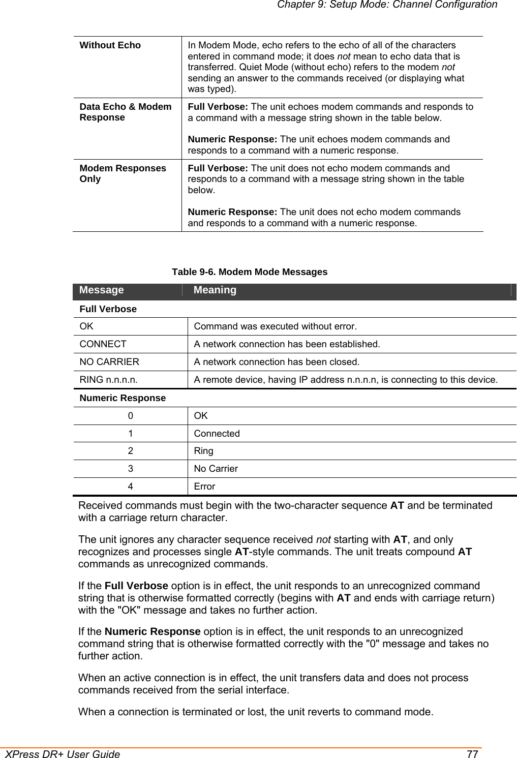 Chapter 9: Setup Mode: Channel Configuration  XPress DR+ User Guide  77 Without Echo  In Modem Mode, echo refers to the echo of all of the characters entered in command mode; it does not mean to echo data that is transferred. Quiet Mode (without echo) refers to the modem not sending an answer to the commands received (or displaying what was typed). Data Echo &amp; Modem Response  Full Verbose: The unit echoes modem commands and responds to a command with a message string shown in the table below.  Numeric Response: The unit echoes modem commands and responds to a command with a numeric response. Modem Responses Only  Full Verbose: The unit does not echo modem commands and responds to a command with a message string shown in the table below.  Numeric Response: The unit does not echo modem commands and responds to a command with a numeric response.  Table 9-6. Modem Mode Messages Message   Meaning  Full Verbose OK  Command was executed without error. CONNECT  A network connection has been established. NO CARRIER  A network connection has been closed. RING n.n.n.n.  A remote device, having IP address n.n.n.n, is connecting to this device. Numeric Response 0 OK 1 Connected 2 Ring 3 No Carrier 4 Error Received commands must begin with the two-character sequence AT and be terminated with a carriage return character. The unit ignores any character sequence received not starting with AT, and only recognizes and processes single AT-style commands. The unit treats compound AT commands as unrecognized commands.  If the Full Verbose option is in effect, the unit responds to an unrecognized command string that is otherwise formatted correctly (begins with AT and ends with carriage return) with the &quot;OK&quot; message and takes no further action. If the Numeric Response option is in effect, the unit responds to an unrecognized command string that is otherwise formatted correctly with the &quot;0&quot; message and takes no further action. When an active connection is in effect, the unit transfers data and does not process commands received from the serial interface. When a connection is terminated or lost, the unit reverts to command mode. 