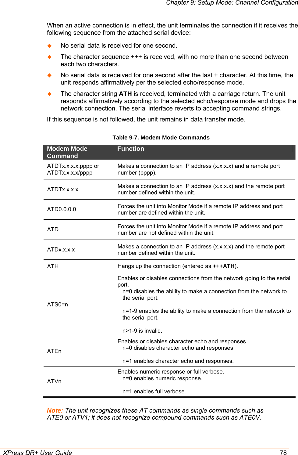 Chapter 9: Setup Mode: Channel Configuration  XPress DR+ User Guide  78 When an active connection is in effect, the unit terminates the connection if it receives the following sequence from the attached serial device:  No serial data is received for one second.  The character sequence +++ is received, with no more than one second between each two characters.  No serial data is received for one second after the last + character. At this time, the unit responds affirmatively per the selected echo/response mode.  The character string ATH is received, terminated with a carriage return. The unit responds affirmatively according to the selected echo/response mode and drops the network connection. The serial interface reverts to accepting command strings. If this sequence is not followed, the unit remains in data transfer mode. Table 9-7. Modem Mode Commands Modem Mode Command   Function  ATDTx.x.x.x,pppp or  ATDTx.x.x.x/pppp  Makes a connection to an IP address (x.x.x.x) and a remote port number (pppp).  ATDTx.x.x.x   Makes a connection to an IP address (x.x.x.x) and the remote port number defined within the unit.  ATD0.0.0.0   Forces the unit into Monitor Mode if a remote IP address and port number are defined within the unit.  ATD   Forces the unit into Monitor Mode if a remote IP address and port number are not defined within the unit.  ATDx.x.x.x   Makes a connection to an IP address (x.x.x.x) and the remote port number defined within the unit.  ATH   Hangs up the connection (entered as +++ATH).  ATS0=n  Enables or disables connections from the network going to the serial port.  n=0 disables the ability to make a connection from the network to the serial port.   n=1-9 enables the ability to make a connection from the network to the serial port.   n&gt;1-9 is invalid.  ATEn  Enables or disables character echo and responses.  n=0 disables character echo and responses.   n=1 enables character echo and responses.  ATVn  Enables numeric response or full verbose.  n=0 enables numeric response.   n=1 enables full verbose.   Note: The unit recognizes these AT commands as single commands such as ATE0 or ATV1; it does not recognize compound commands such as ATE0V. 