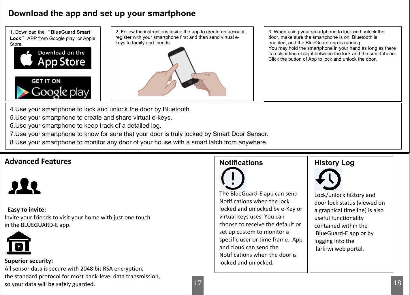                                 Advanced Features    Easy to invite:  Invite your friends to visit your home with just one touch  in the BLUEGUARD-E app.  Superior security:  All sensor data is secure with 2048 bit RSA encryption,  the standard protocol for most bank-level data transmission,                                        so your data will be safely guarded. Notifications  The BlueGuard-E app can send Notifications when the lock locked and unlocked by e-Key or virtual keys uses. You can choose to receive the default or set up custom to monitor a specific user or time frame.  App and cloud can send the Notifications when the door is locked and unlocked. History Log  Lock/unlock history and door lock status (viewed on a graphical timeline) is also useful functionality contained within the       BlueGuard-E app or by logging into the  lark-wi web portal. 1. Download the “BlueGuard Smart Lock” APP from Google play  or Apple Store.    2. Follow the instructions inside the app to create an account, register with your smartphone first and then send virtual e-keys to family and friends.  3. When using your smartphone to lock and unlock the door, make sure the smartphone is on, Bluetooth is enabled, and the BlueGuard app is running. You may hold the smartphone in your hand as long as there is a clear line of sight between the lock and the smartphone. Click the button of App to lock and unlock the door. 4.Use your smartphone to lock and unlock the door by Bluetooth. 5.Use your smartphone to create and share virtual e-keys. 6.Use your smartphone to keep track of a detailed log. 7.Use your smartphone to know for sure that your door is truly locked by Smart Door Sensor.  8.Use your smartphone to monitor any door of your house with a smart latch from anywhere.   Download the app and set up your smartphone 17 18 