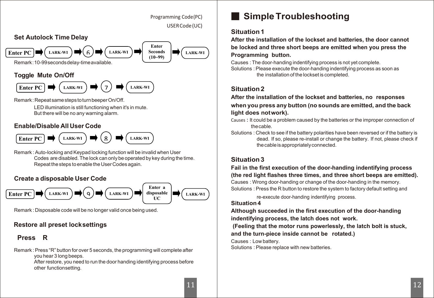   Programming Code (PC) USER Code (UC) ■ Simple Troubleshooting Set Autolock Time Delay   Remark : 10-99 seconds delay-time available. Toggle  Mute On/Off   Remark : Repeat same steps to turn beeper On/Off.  Situation 1 After the installation of the lockset and batteries, the door cannot be locked and three short beeps are emitted when you press the Programming  button. Causes : The door-handing indentifying process is not yet complete. Solutions : Please execute the door-handing indentifying process as soon as the installation of the lockset is completed.  Situation 2 After the installation of the lockset and batteries, no  responses LED illumination is still functioning when it&apos;s in mute. But there will be no any warning alarm.  Enable/Disable All User Code    Remark : Auto-locking and Keypad locking function will be invalid when User Codes are disabled. The lock can only be operated by key during the time. Repeat the steps to enable the User Codes again.  Create a disposable User Code  when you press any button (no sounds are emitted, and the back light does not work). Causes : It could be a problem caused by the batteries or the improper connection of the cable. Solutions : Check to see if the battery polarities have been reversed or if the battery is dead. If so, please re-install or change the battery. If not, please check if the cable is appropriately connected.  Situation 3 Fail in the first execution of the door-handing indentifying process (the red light flashes three times, and three short beeps are emitted). Causes : Wrong door-handing or change of the door-handing in the memory. Solutions : Press the R button to restore the system to factory default setting and    re-execute door-handing indentifying  process.  Remark : Disposable code will be no longer valid once being used.  Restore all preset lock settings Press    R  Remark : Press “R” button for over 5 seconds, the programming will complete after you hear 3 long beeps. After restore, you need to run the door handing identifying process before other function setting. Situation 4 Although succeeded in the first execution of the door-handing indentifying process, the latch does not  work. (Feeling that the motor runs powerlessly, the latch bolt is stuck, and the turn-piece inside cannot be   rotated.) Causes : Low battery. Solutions : Please replace with new batteries.     Enter PC             LARK-WI            6             LARK-WI            Enter Seconds (10~99)      LARK-WI            Enter PC             LARK-WI            7             LARK-WI            Enter PC             LARK-WI            8             LARK-WI            Enter PC             LARK-WI            9             LARK-WI            Enter  a disposable UC      LARK-WI            11 12 