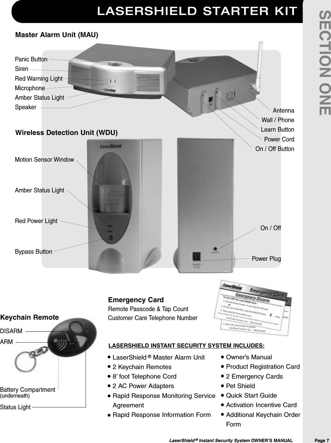 Keychain RemoteDISARMARMBattery Compartment(underneath)Status LightLASERSHIELD STARTER KITLaserShield &reg;Instant Security System OWNER&rsquo;S MANUAL                Page 7SECTION ONELaserShield &reg;Master Alarm Unit2 Keychain Remotes8&rsquo; foot Telephone Cord2 AC Power AdaptersRapid Response Monitoring ServiceAgreementRapid Response Information FormOwner&rsquo;s ManualProduct Registration Card2 Emergency CardsPet ShieldQuick Start GuideActivation Incentive CardAdditional Keychain OrderForm&bull;&bull;&bull;&bull;&bull;&bull;&bull;&bull;&bull;&bull;&bull;&bull;&bull;LASERSHIELD INSTANT SECURITY SYSTEM INCLUDES:Wireless Detection Unit (WDU)Emergency CardRemote Passcode &amp; Tap Count Customer Care Telephone NumberMaster Alarm Unit (MAU)Panic ButtonSirenRed Warning LightMicrophoneAmber Status LightSpeakerMotion Sensor WindowAmber Status LightRed Power LightBypass ButtonAntennaWall / PhoneLearn ButtonPower CordOn / Off ButtonOn / OffPower Plug