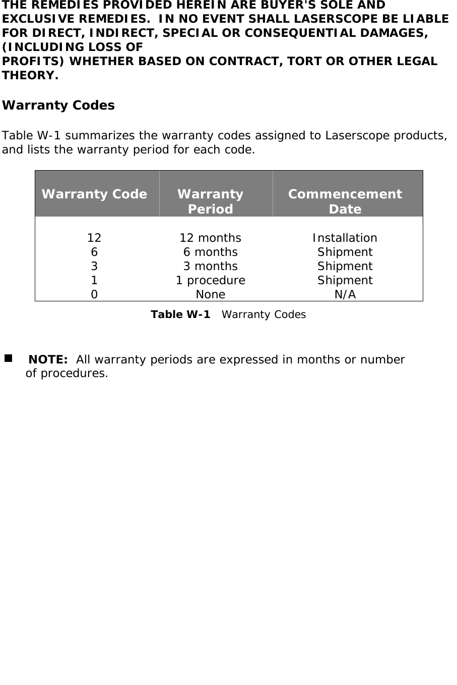   THE REMEDIES PROVIDED HEREIN ARE BUYER&apos;S SOLE AND EXCLUSIVE REMEDIES.  IN NO EVENT SHALL LASERSCOPE BE LIABLE FOR DIRECT, INDIRECT, SPECIAL OR CONSEQUENTIAL DAMAGES, (INCLUDING LOSS OF PROFITS) WHETHER BASED ON CONTRACT, TORT OR OTHER LEGAL THEORY.  Warranty Codes  Table W-1 summarizes the warranty codes assigned to Laserscope products, and lists the warranty period for each code.       Warranty Code  Warranty  Commencement  Period  Date      12  12 months  Installation 6 6 months Shipment 3 3 months Shipment 1 1 procedure Shipment 0 None  N/A Table W-1   Warranty Codes    NOTE:  All warranty periods are expressed in months or number        of procedures.    Warranty          32                        