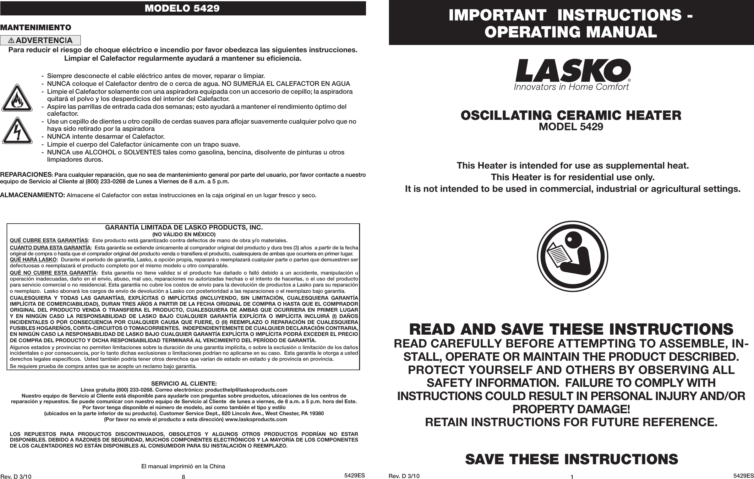 Page 1 of 4 - Lasko 5429 User Manual  To The 03d9c6df-1c8d-41e8-ae03-d83392f974f1