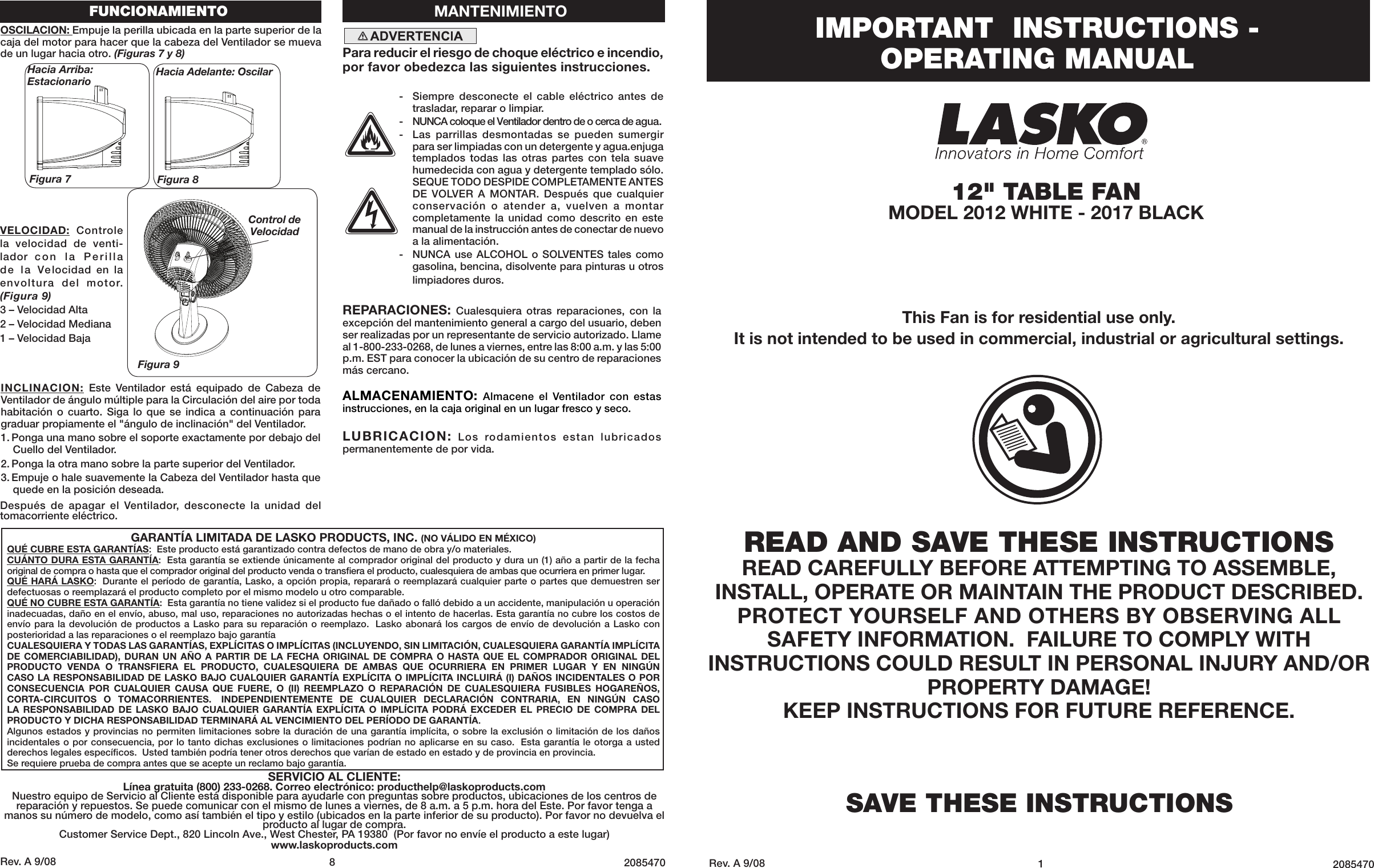 Lasko 12 Table Fan 2017 Users Manual