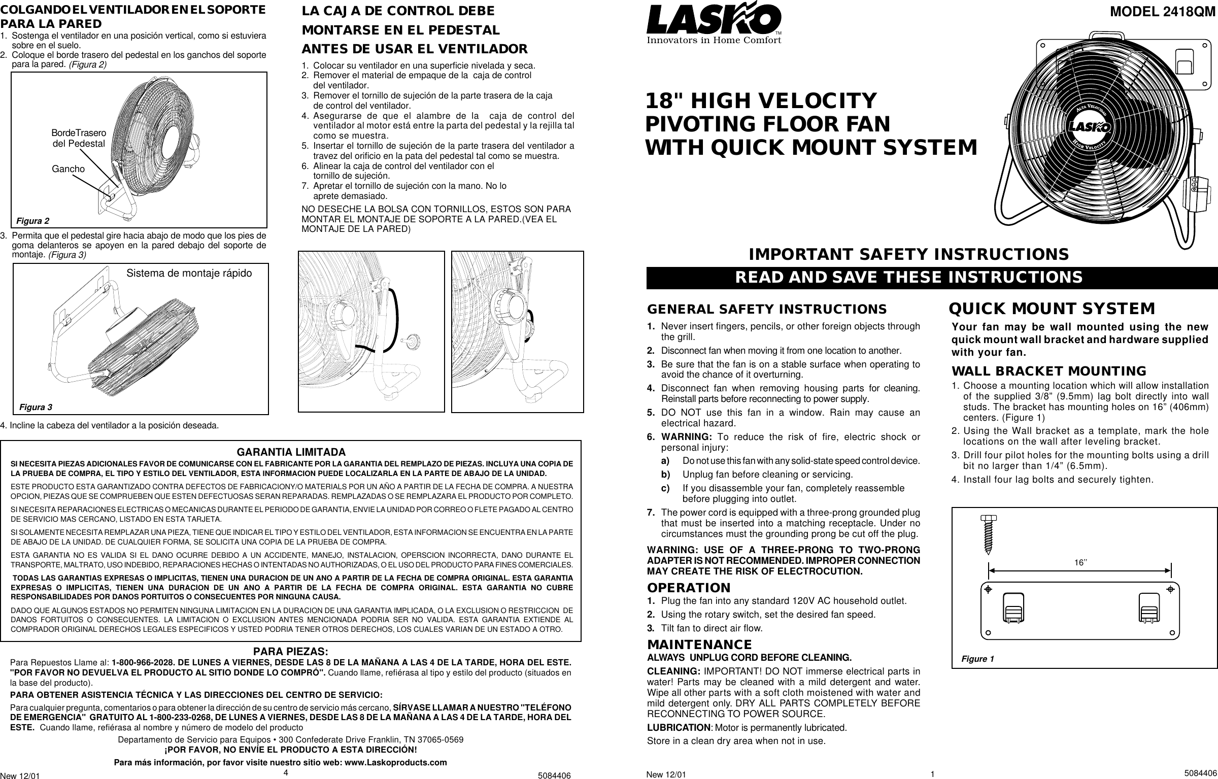 Page 1 of 2 - Lasko Lasko-2418Qm-Users-Manual- 2418QM Ins 5084406  Lasko-2418qm-users-manual