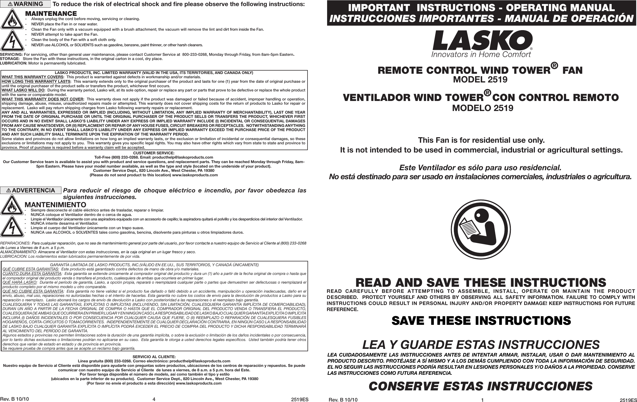 Page 1 of 2 - Lasko Lasko-2519-Users-Manual-  Lasko-2519-users-manual