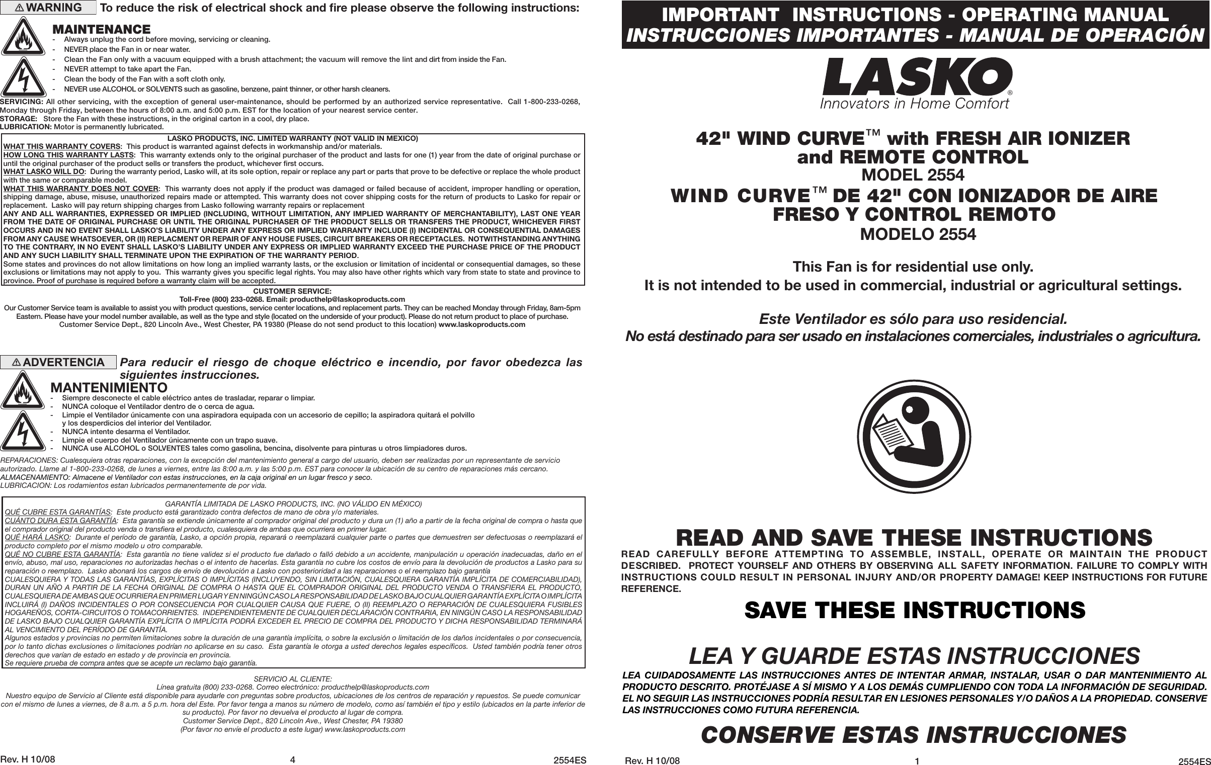 Page 1 of 2 - Lasko Lasko-Air-Cleaner-2554-Users-Manual-  Lasko-air-cleaner-2554-users-manual