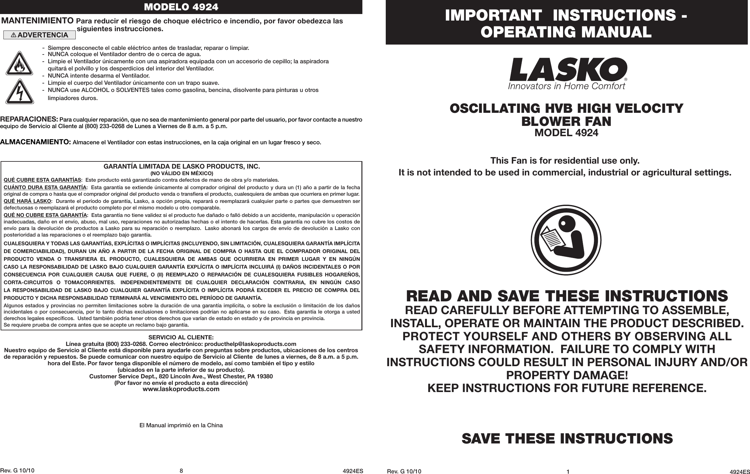 Page 1 of 4 - Lasko Lasko-Blower-4924-Users-Manual-  Lasko-blower-4924-users-manual