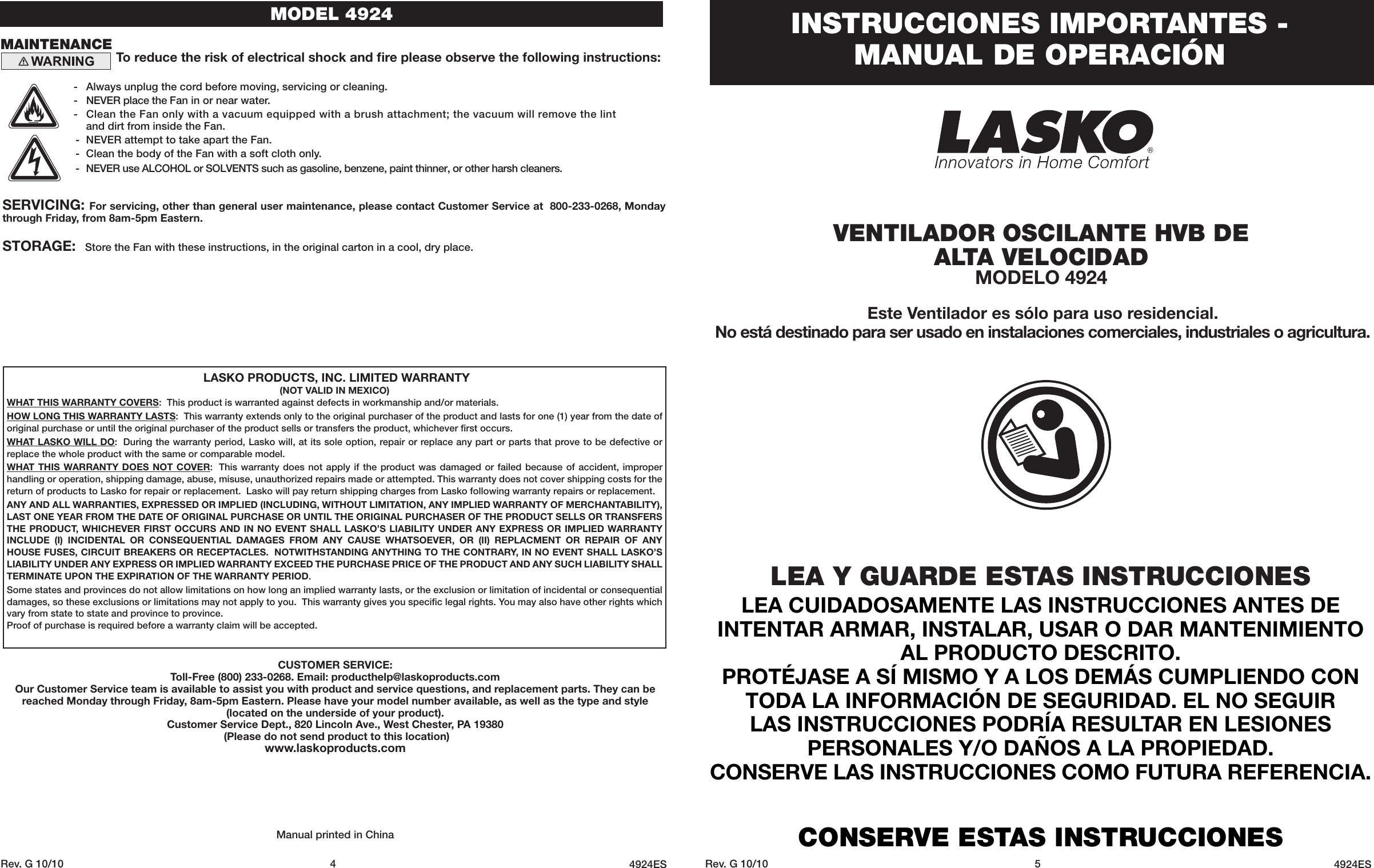 Page 4 of 4 - Lasko Lasko-Blower-4924-Users-Manual-  Lasko-blower-4924-users-manual