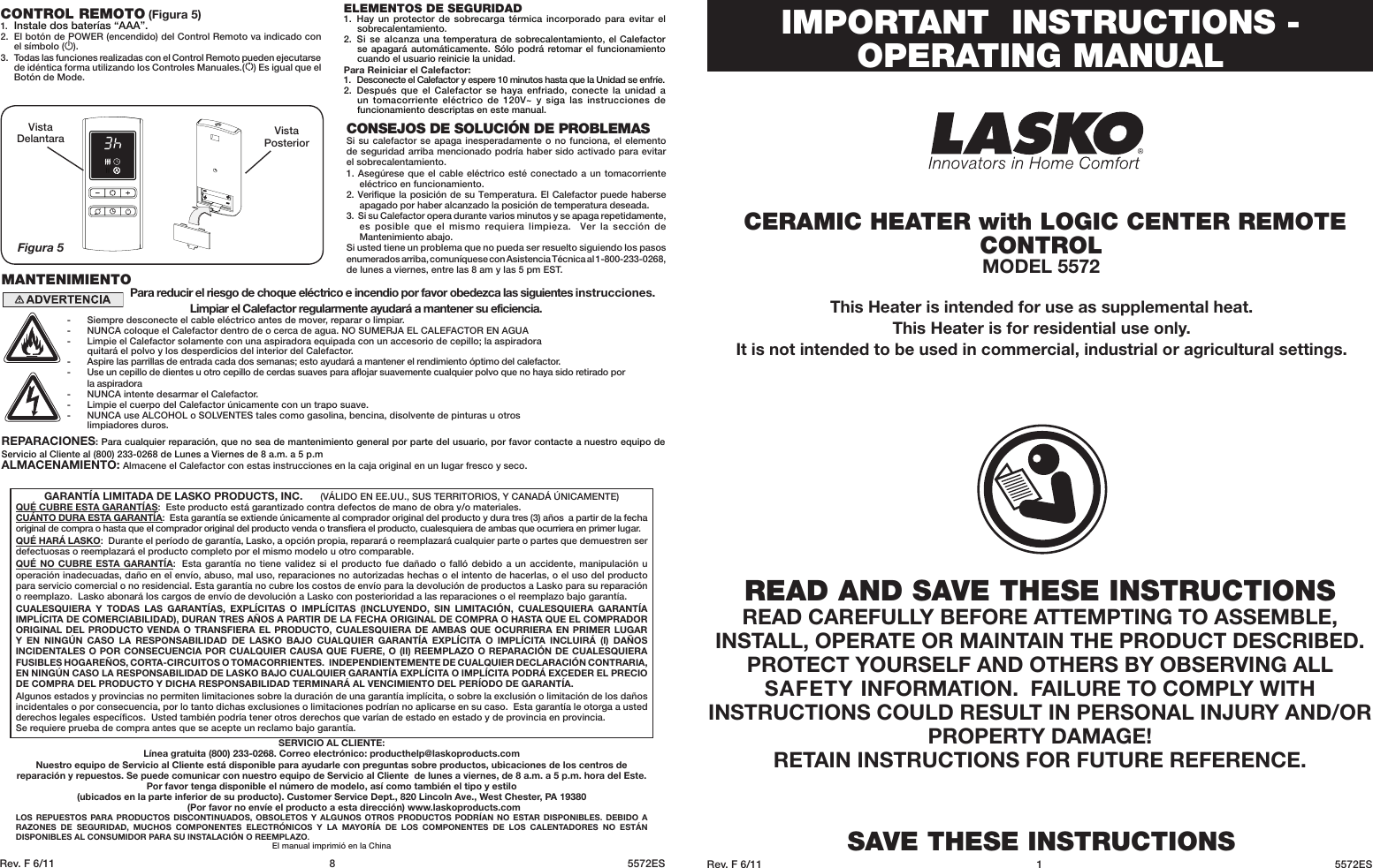Page 1 of 4 - Lasko Lasko-Ceramic-Heater-5572-Users-Manual- 5572CeramicTowerHeater  Lasko-ceramic-heater-5572-users-manual