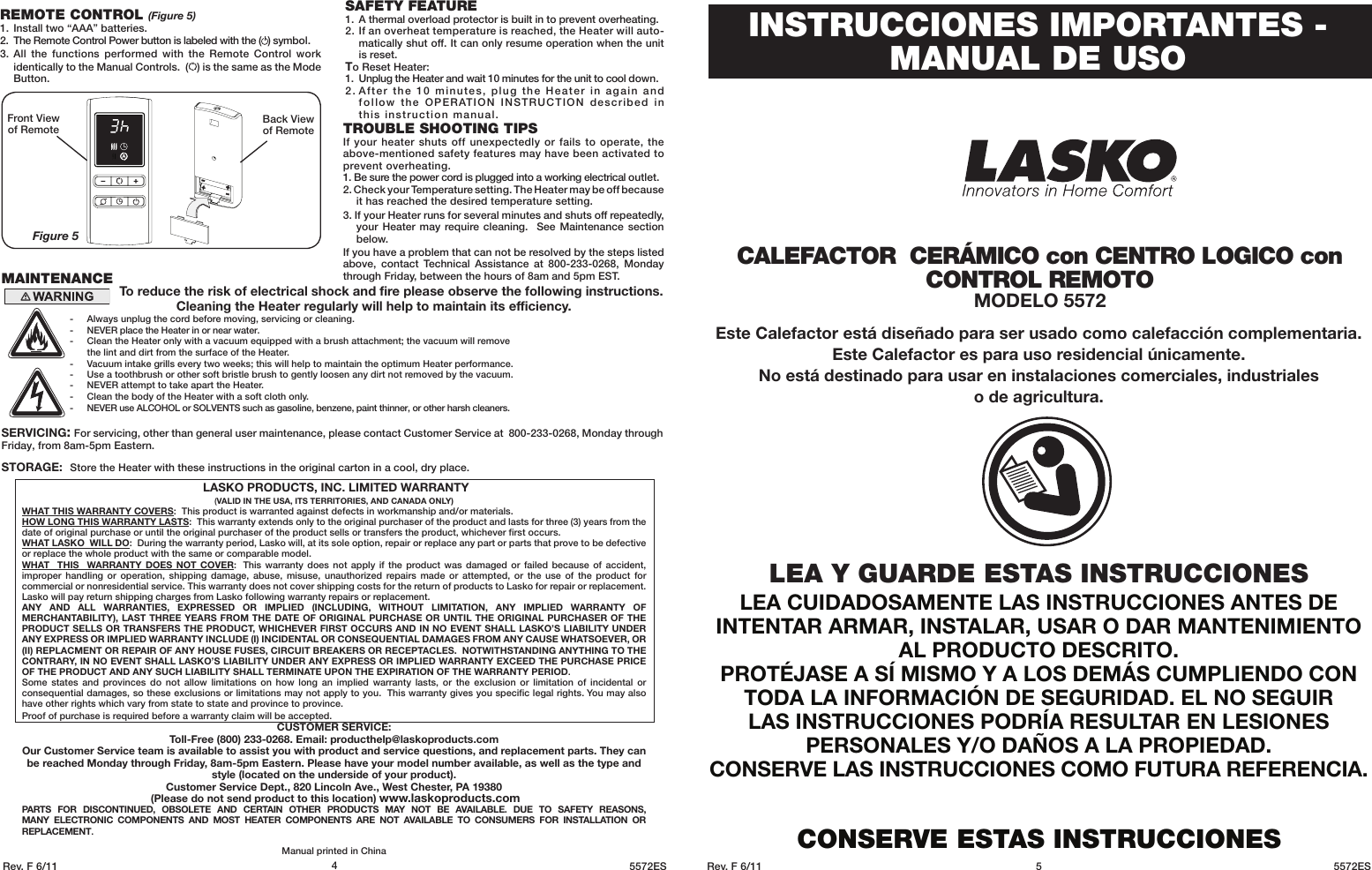 Page 4 of 4 - Lasko Lasko-Ceramic-Heater-5572-Users-Manual- 5572CeramicTowerHeater  Lasko-ceramic-heater-5572-users-manual