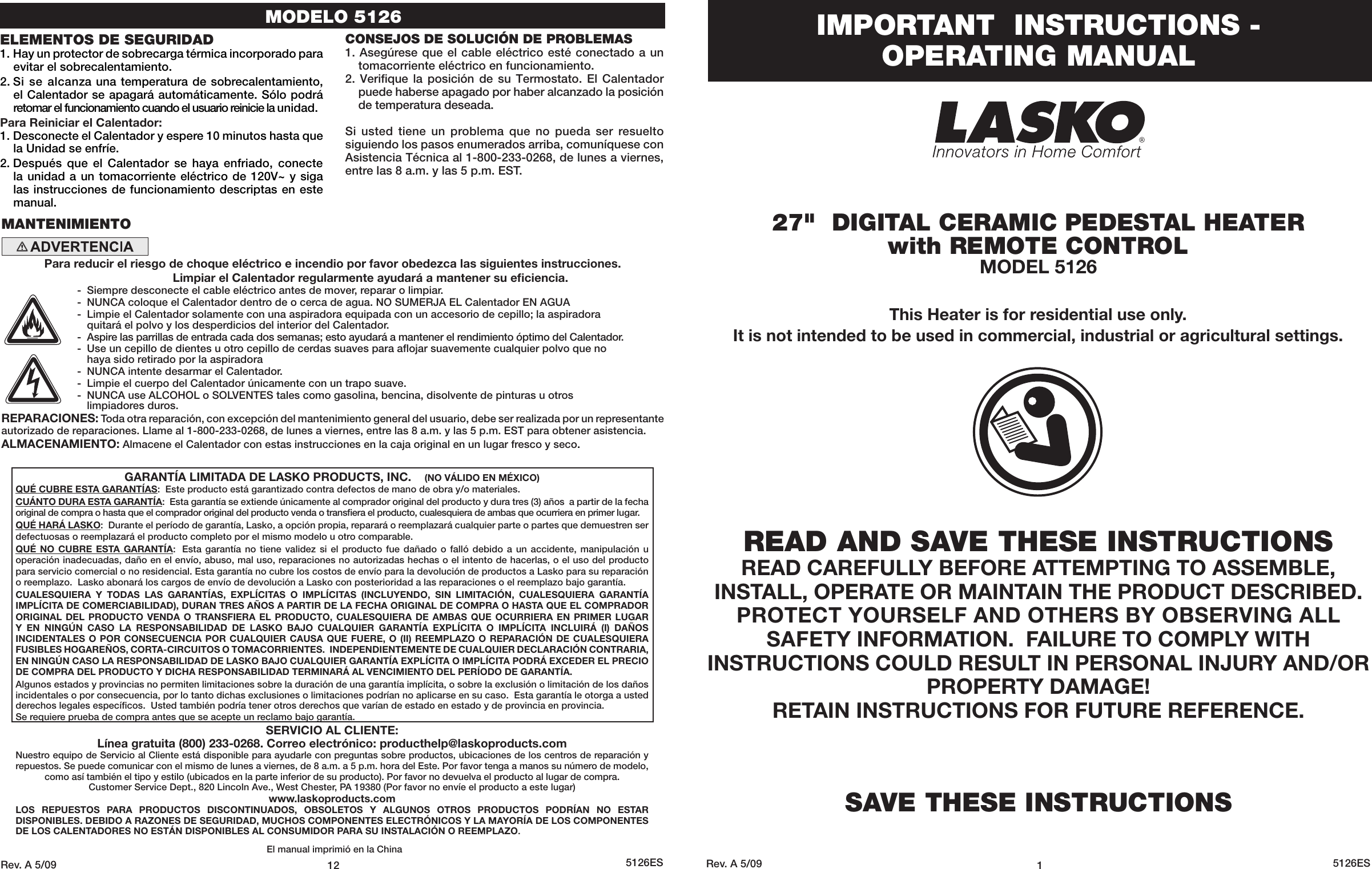 Lasko Electric Heater 5126 Users Manual