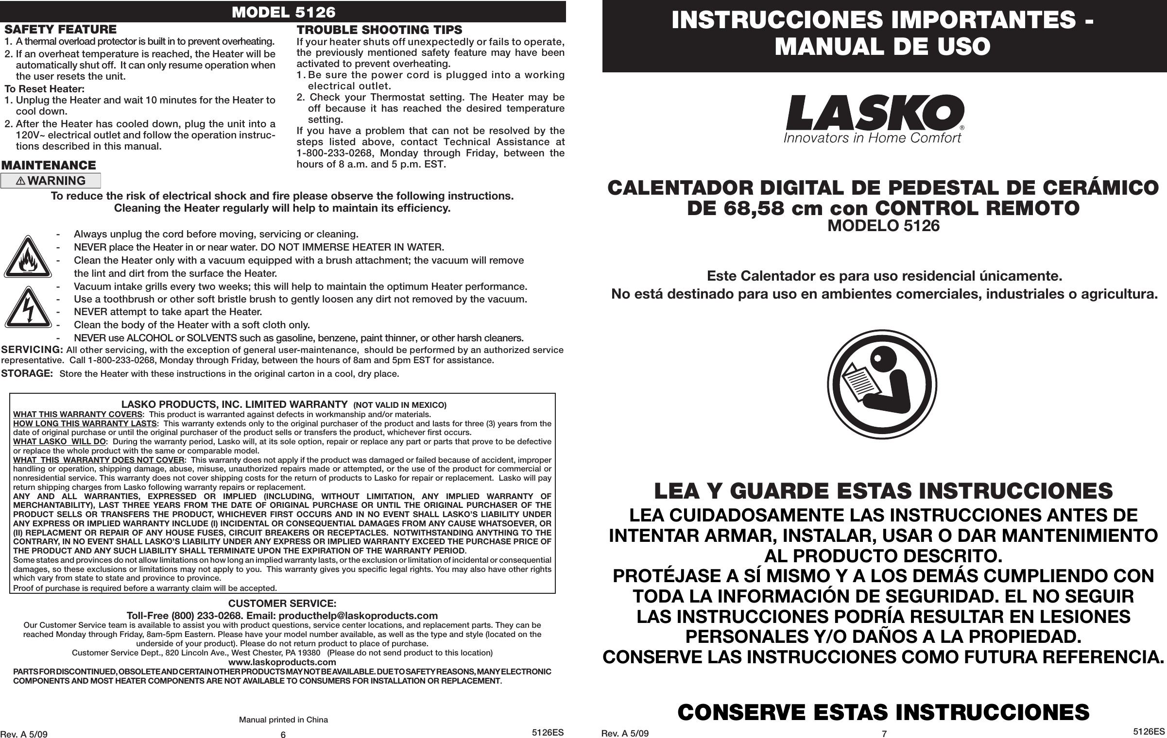 Page 6 of 6 - Lasko Lasko-Electric-Heater-5126-Users-Manual-  Lasko-electric-heater-5126-users-manual