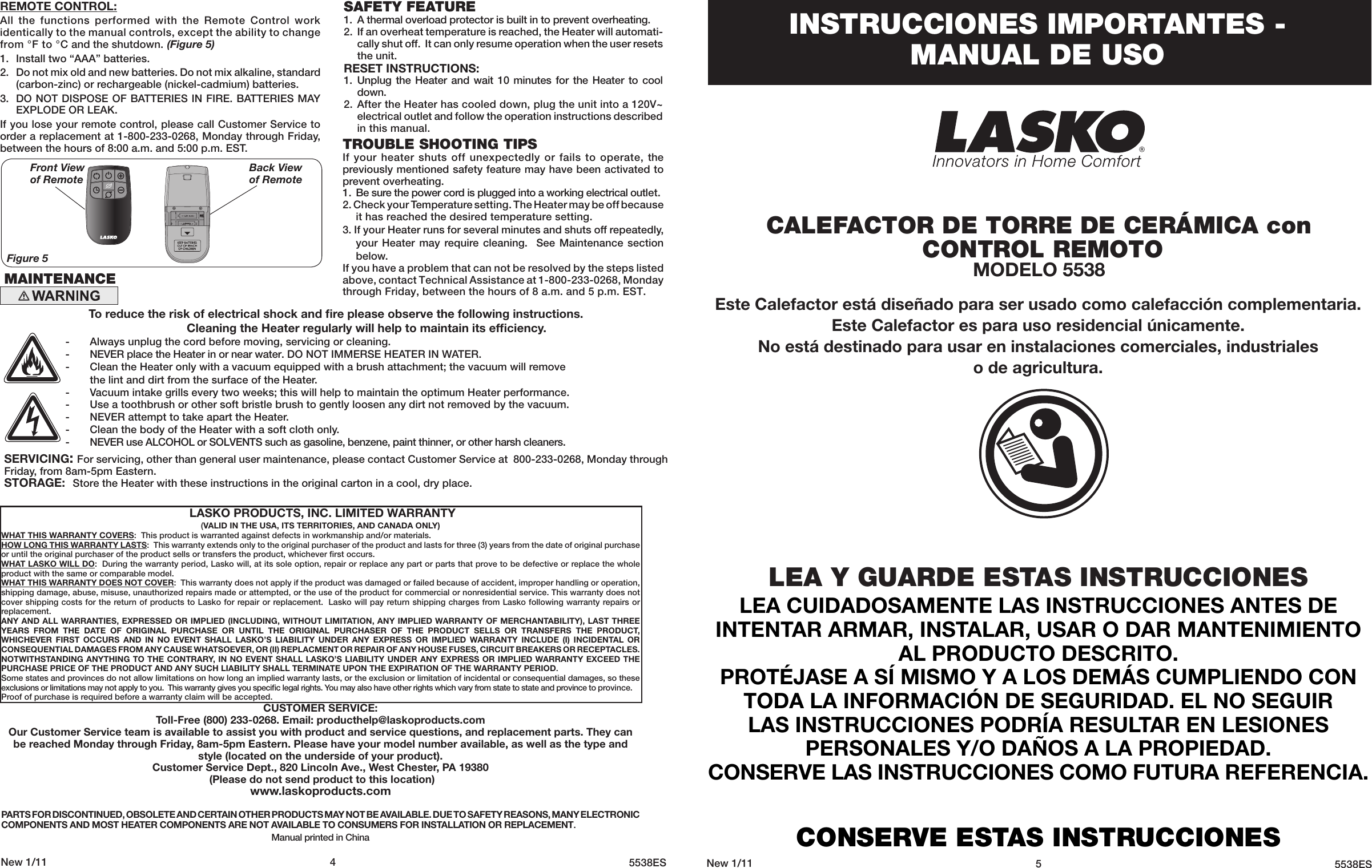 Page 4 of 4 - Lasko Lasko-Electric-Heater-5538-Users-Manual-  Lasko-electric-heater-5538-users-manual