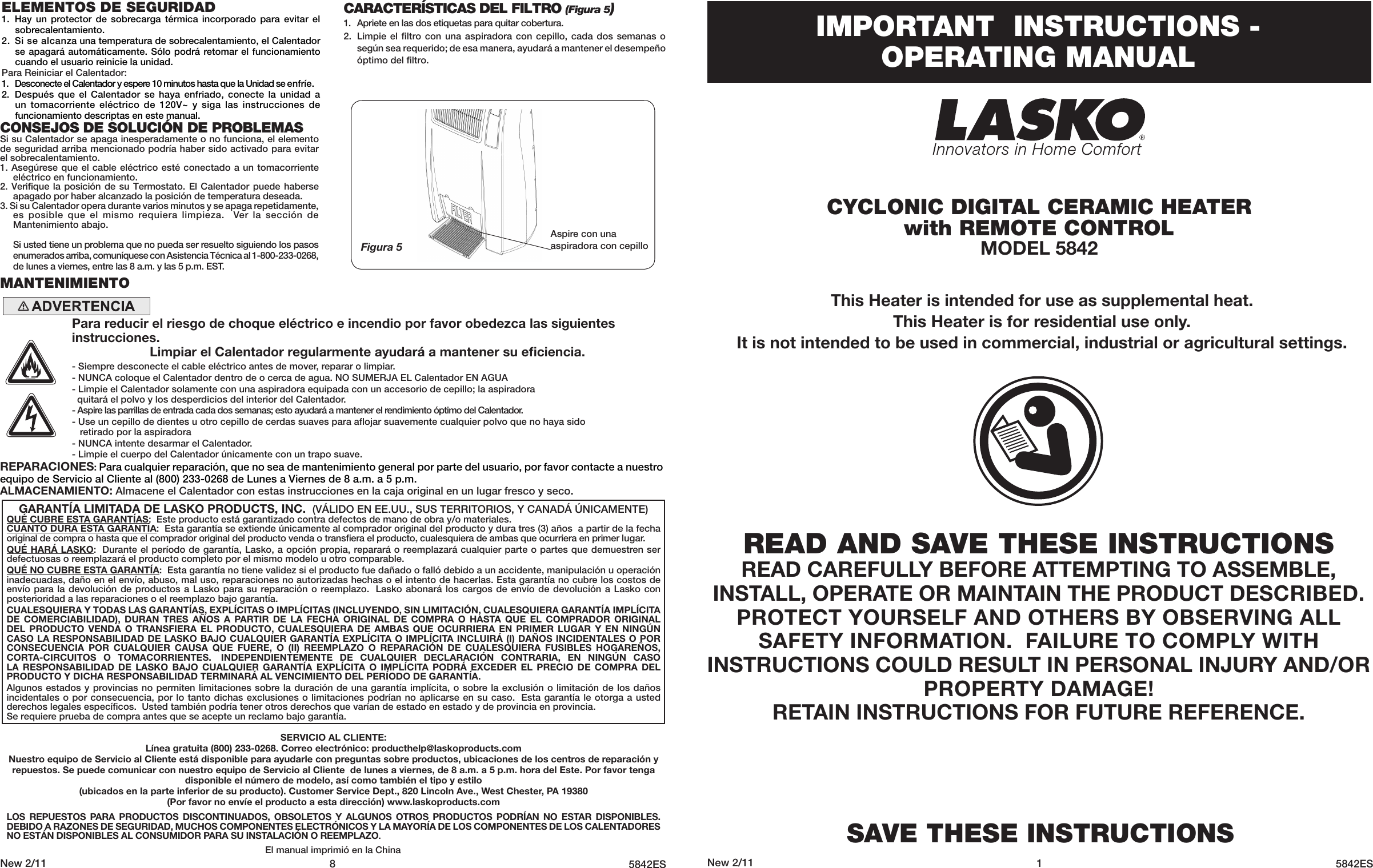 Page 1 of 4 - Lasko Lasko-Electric-Heater-5842-Users-Manual-  Lasko-electric-heater-5842-users-manual