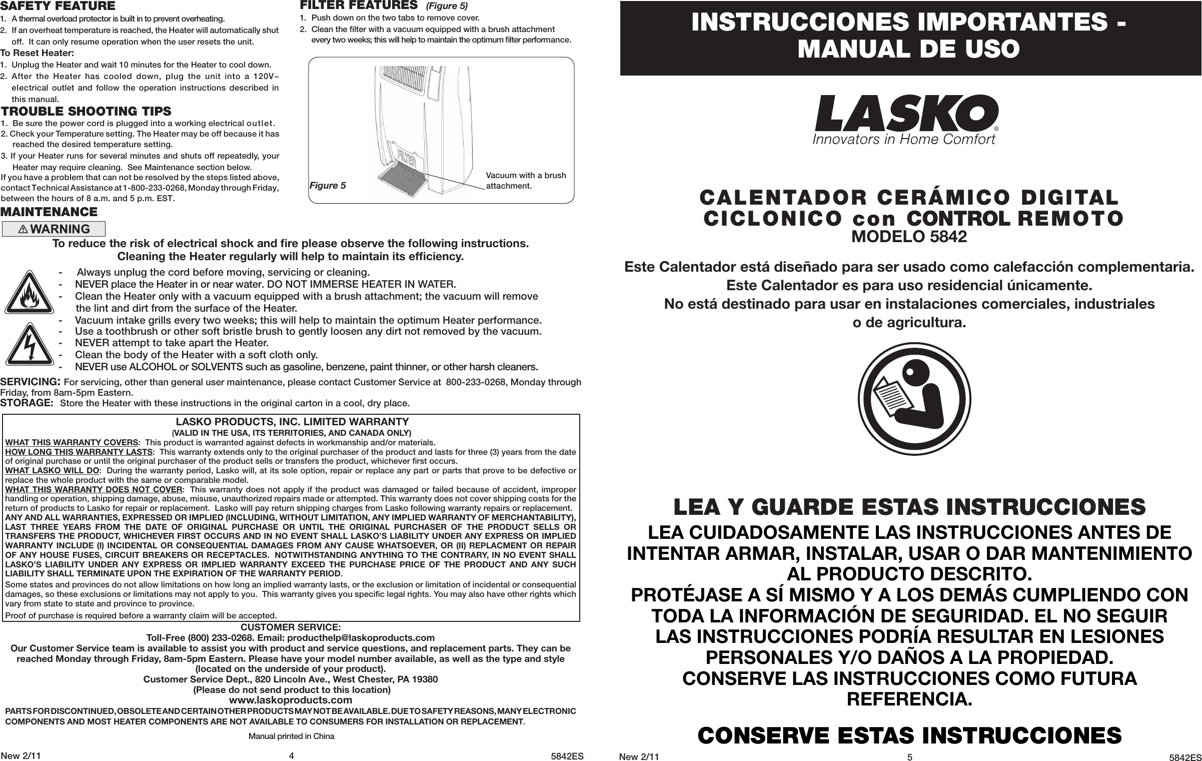 Page 4 of 4 - Lasko Lasko-Electric-Heater-5842-Users-Manual-  Lasko-electric-heater-5842-users-manual