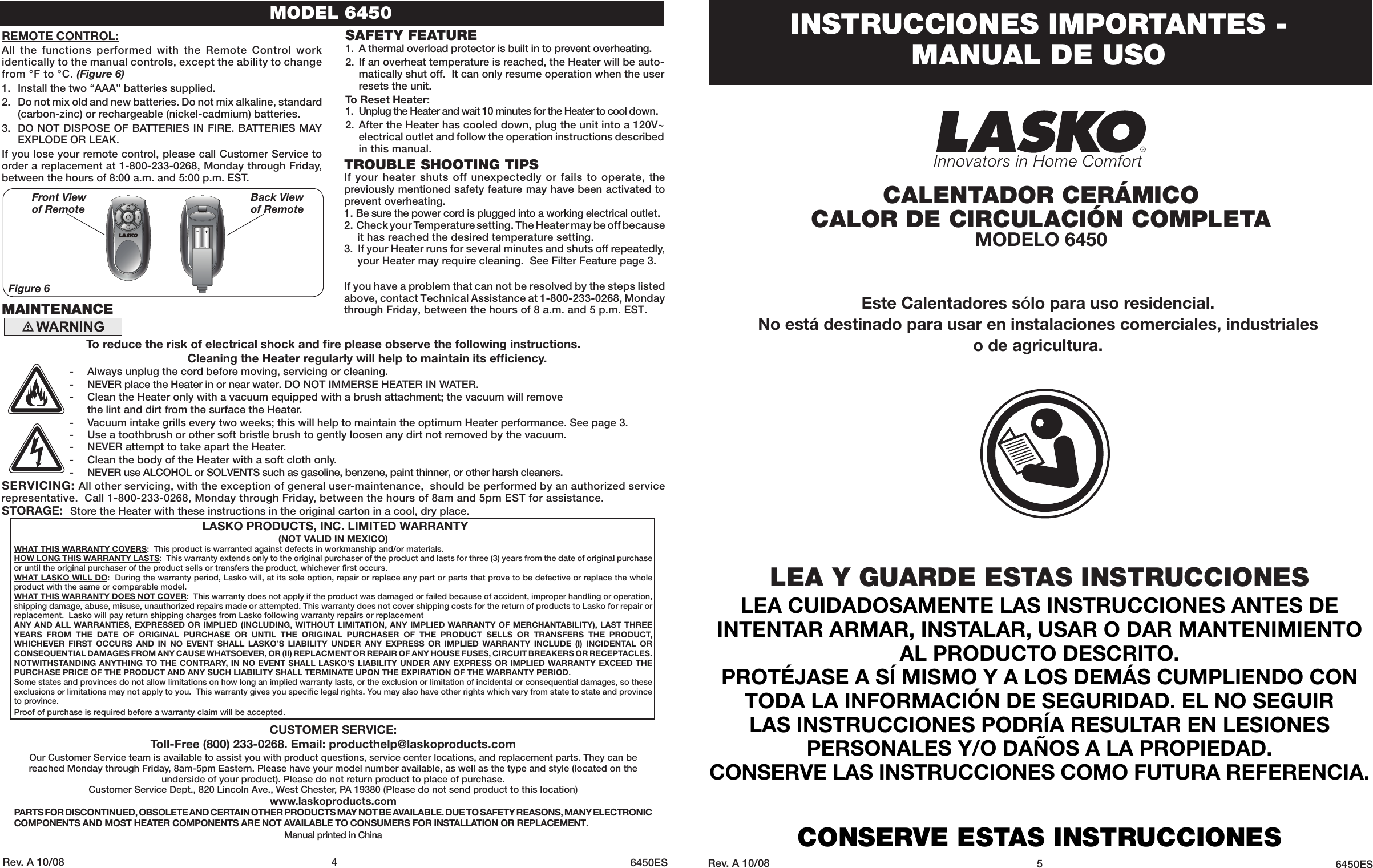 Page 4 of 4 - Lasko Lasko-Electric-Heater-6450-Users-Manual-  Lasko-electric-heater-6450-users-manual