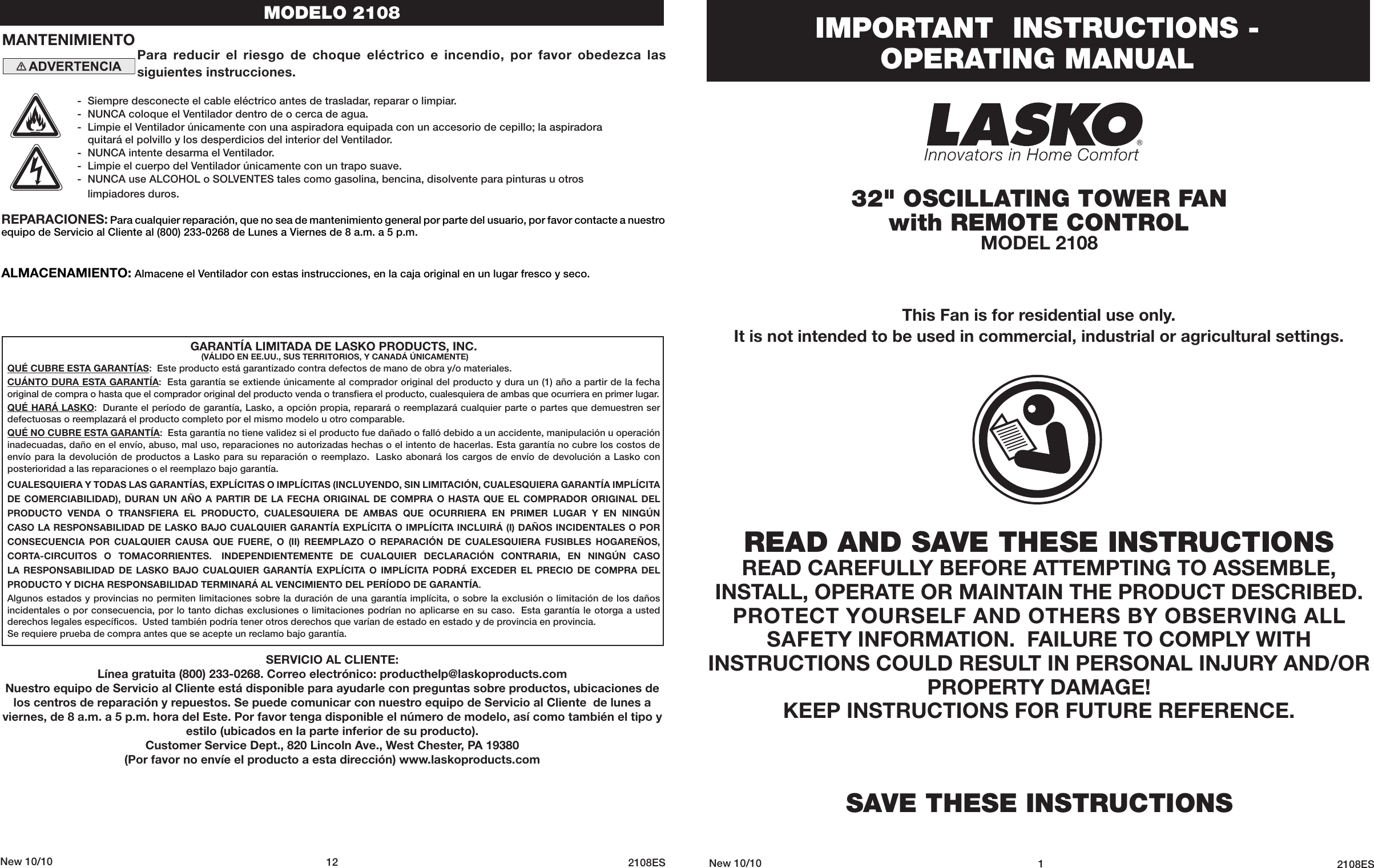 Page 1 of 6 - Lasko Lasko-Fan-2108-Users-Manual-  Lasko-fan-2108-users-manual
