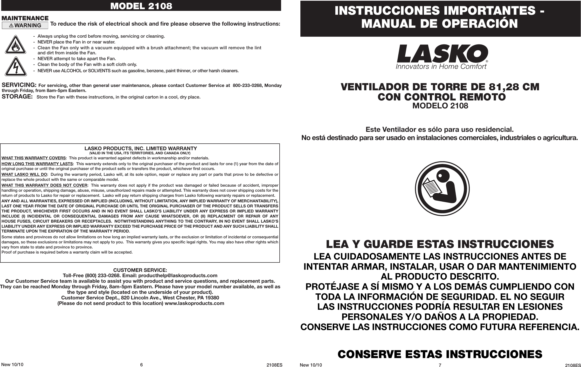 Page 6 of 6 - Lasko Lasko-Fan-2108-Users-Manual-  Lasko-fan-2108-users-manual