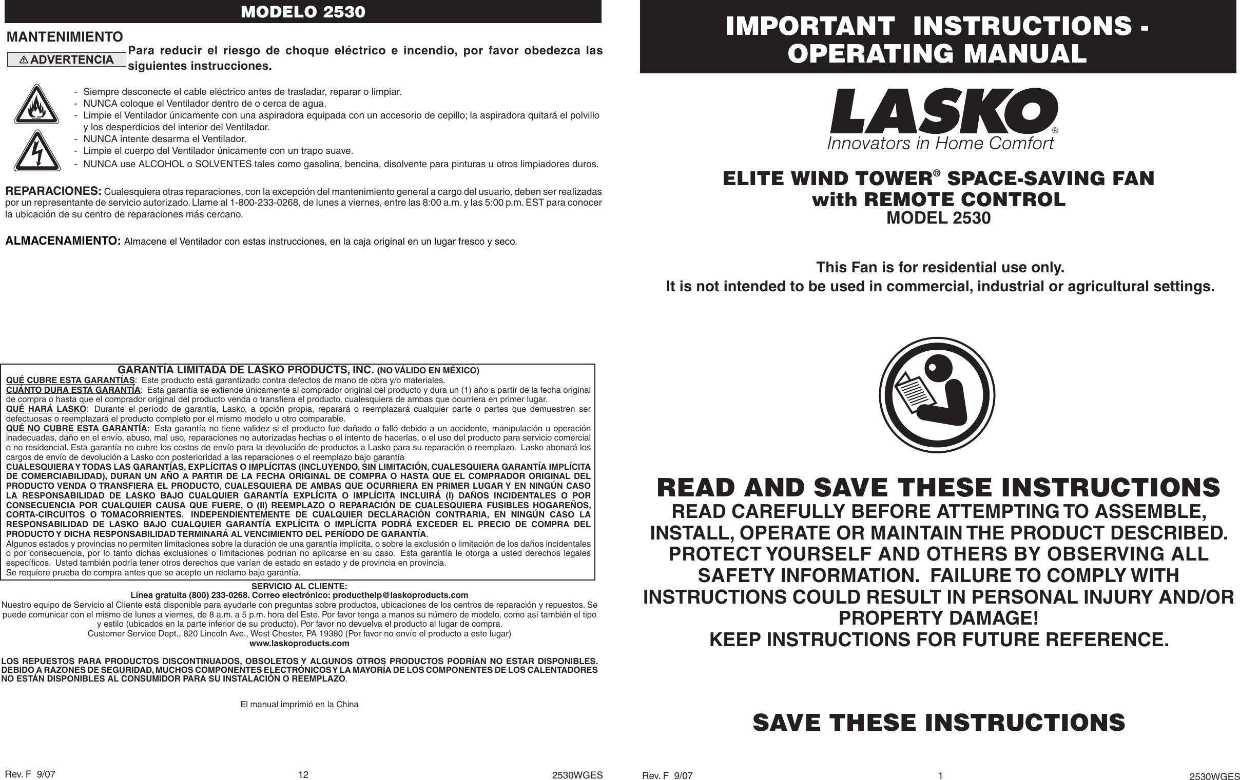 Page 1 of 6 - Lasko Lasko-Fan-2530-Users-Manual- 2530 Ins 2530WGESf  Lasko-fan-2530-users-manual