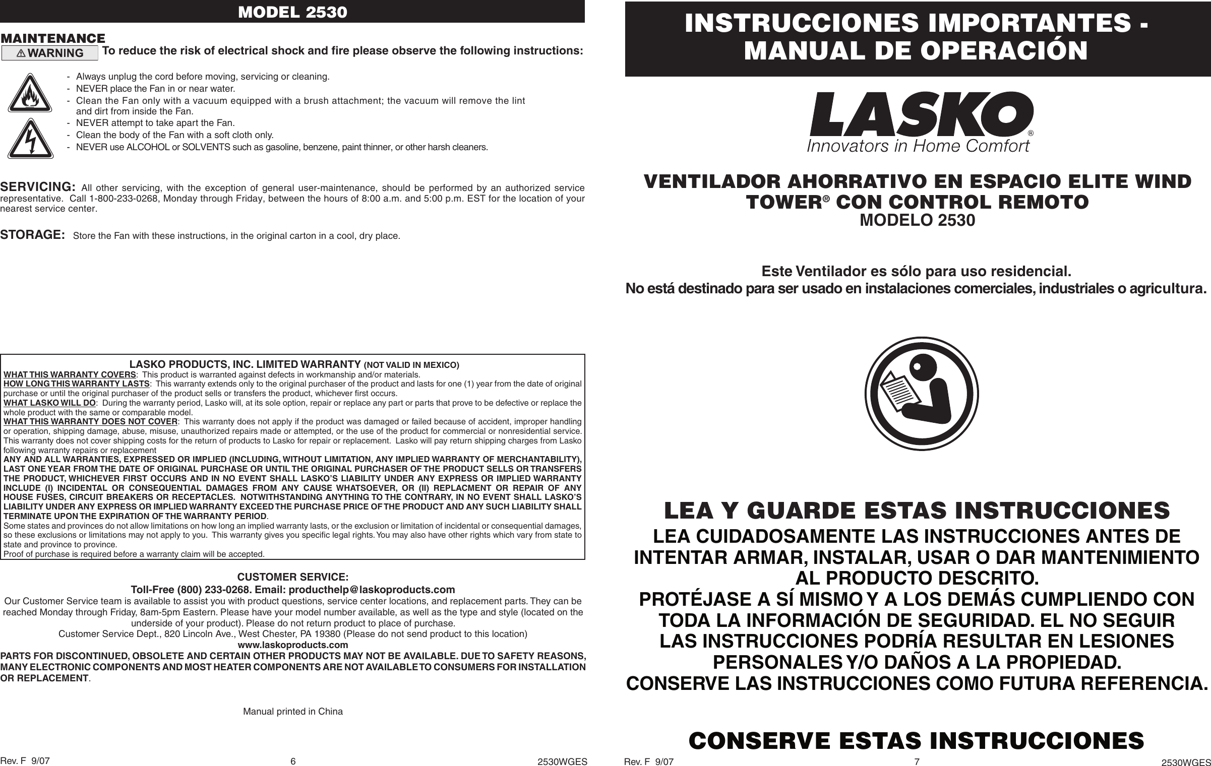 Page 6 of 6 - Lasko Lasko-Fan-2530-Users-Manual- 2530 Ins 2530WGESf  Lasko-fan-2530-users-manual