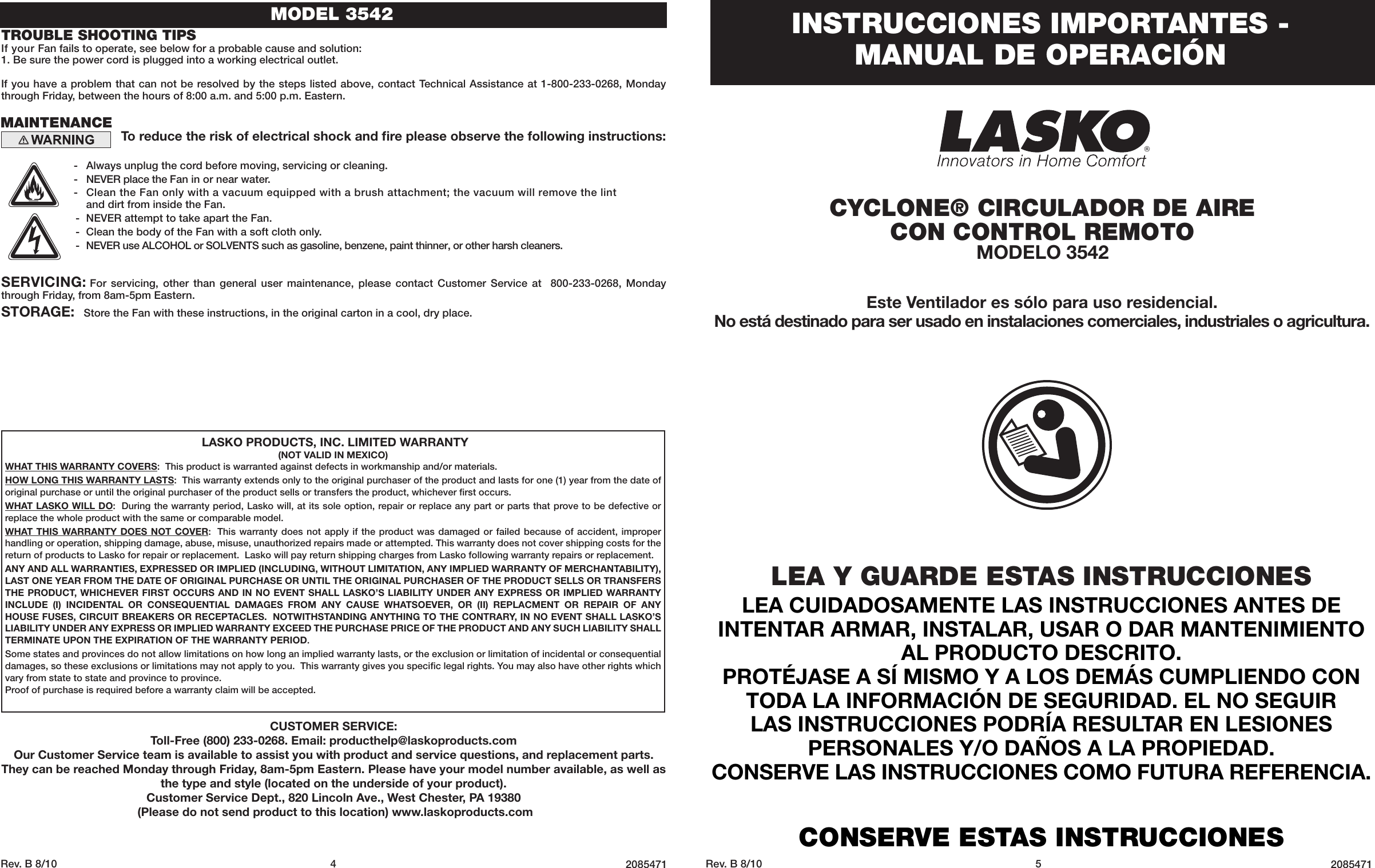 Page 4 of 4 - Lasko Lasko-Fan-3542-Users-Manual-  Lasko-fan-3542-users-manual