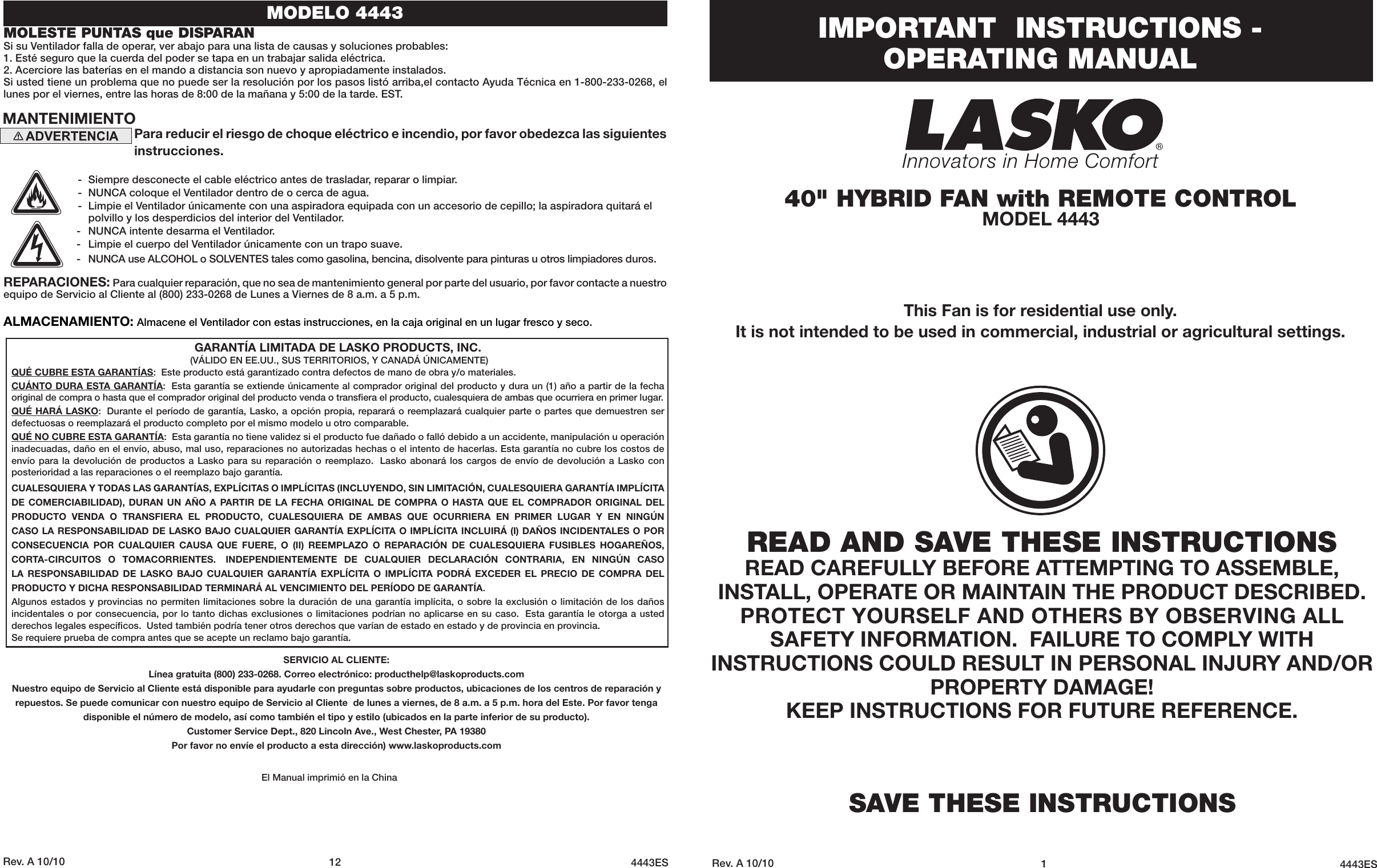 Page 1 of 6 - Lasko Lasko-Fan-4443-Users-Manual-  Lasko-fan-4443-users-manual