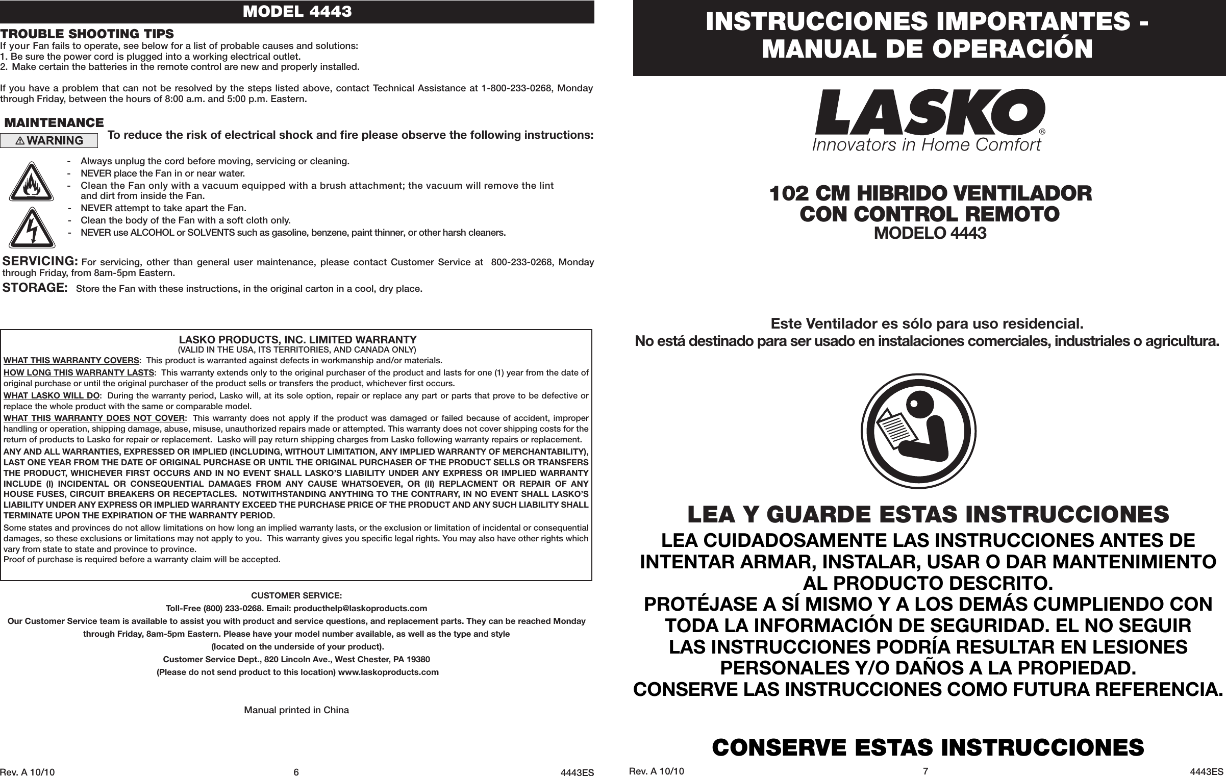Page 6 of 6 - Lasko Lasko-Fan-4443-Users-Manual-  Lasko-fan-4443-users-manual