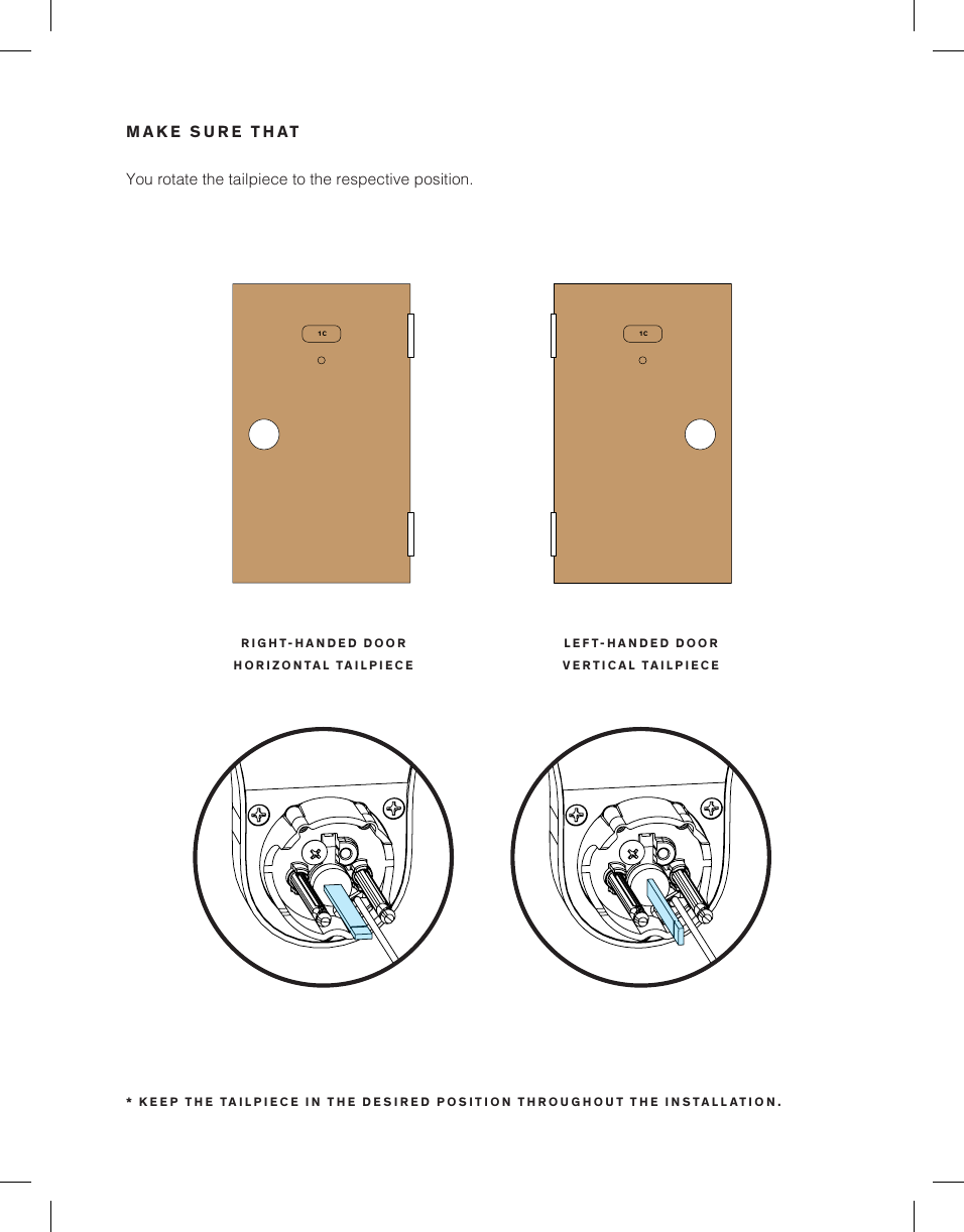 You rotate the tailpiece to the respective position.MAKE SURE THAT1C 1C1C 1CRIGHT-HANDED DOORHORIZONTAL TAILPIECELEFT-HANDED DOORVERTICAL TAILPIECE* KEEP THE TAILPIECE IN THE DESIRED POSITION THROUGHOUT THE INSTALLATION.