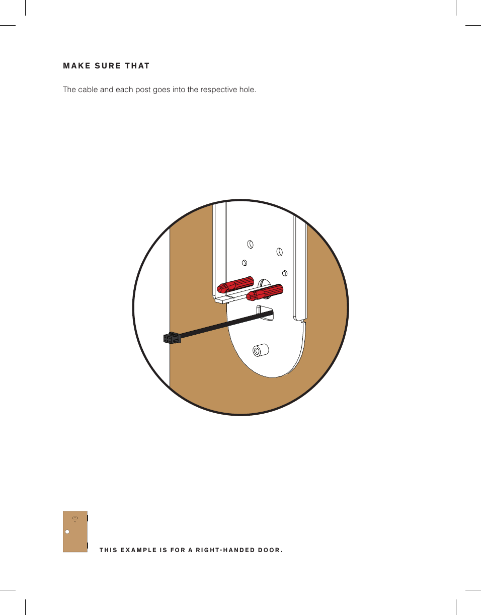 The cable and each post goes into the respective hole.MAKE SURE THAT1C 1CTHIS EXAMPLE IS FOR A RIGHTHANDED DOOR.