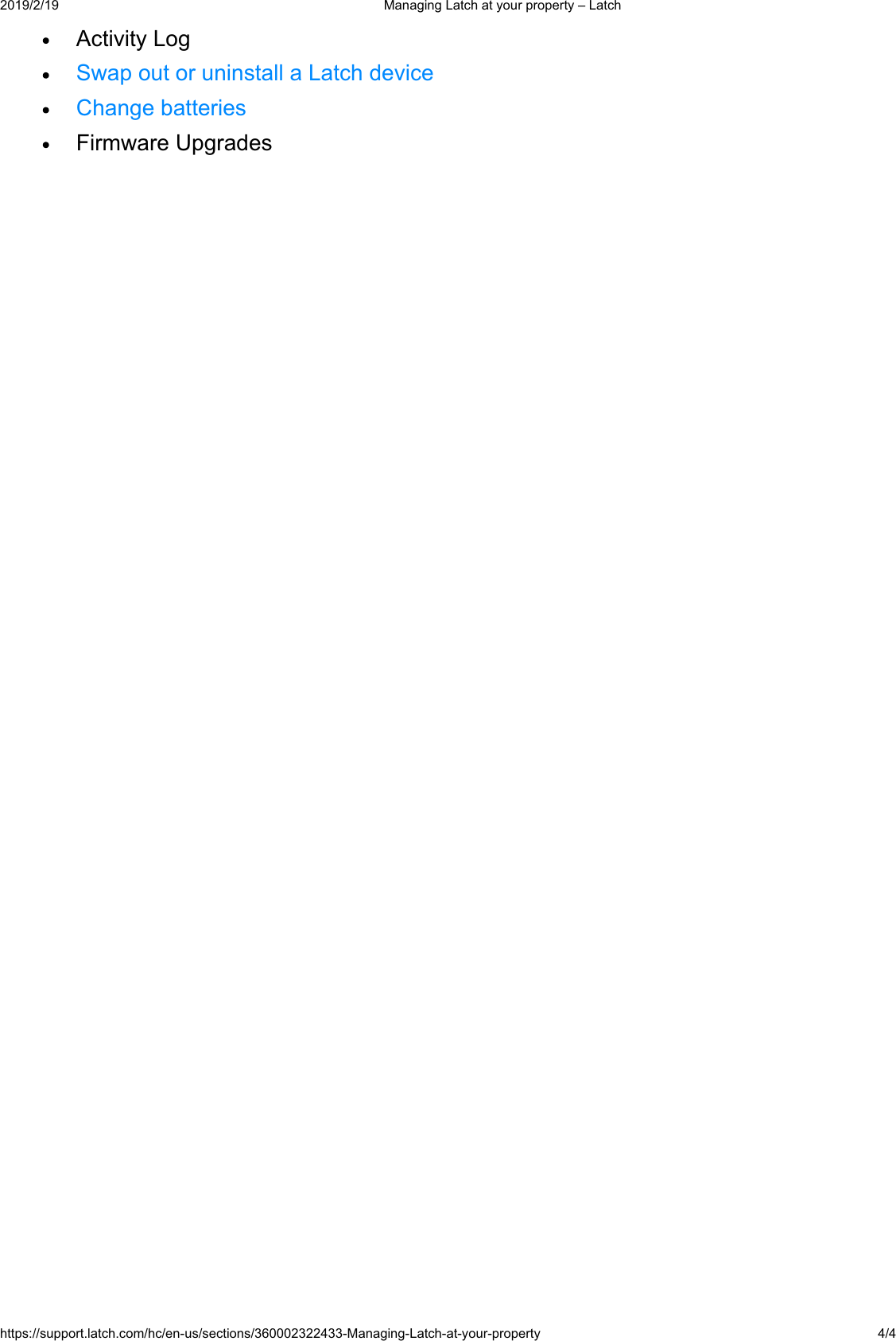  0DQDJLQJ/DWFKDW\RXUSURSHUW\&plusmn;/DWFKKWWSVVXSSRUWODWFKFRPKFHQXVVHFWLRQV0DQDJLQJ/DWFKDW\RXUSURSHUW\ $FWLYLW\/RJ6ZDSRXWRUXQLQVWDOOD/DWFKGHYLFH&amp;KDQJHEDWWHULHV)LUPZDUH8SJUDGHV