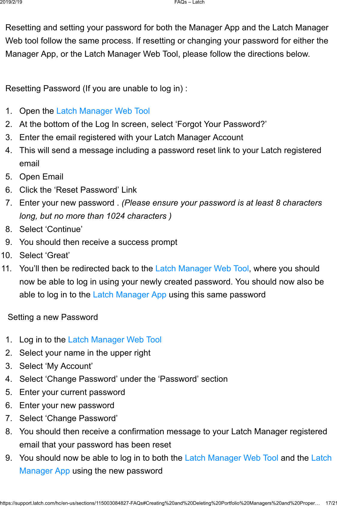  )$4V&plusmn;/DWFKKWWSVVXSSRUWODWFKFRPKFHQXVVHFWLRQV)$4V&amp;UHDWLQJDQG'HOHWLQJ3RUWIROLR0DQDJHUVDQG3URSHU&laquo;5HVHWWLQJDQGVHWWLQJ\RXUSDVVZRUGIRUERWKWKH0DQDJHU$SSDQGWKH/DWFK0DQDJHU:HEWRROIROORZWKHVDPHSURFHVV,IUHVHWWLQJRUFKDQJLQJ\RXUSDVVZRUGIRUHLWKHUWKH0DQDJHU$SSRUWKH/DWFK0DQDJHU:HE7RROSOHDVHIROORZWKHGLUHFWLRQVEHORZ5HVHWWLQJ3DVVZRUG,I\RXDUHXQDEOHWRORJLQ 2SHQWKH/DWFK0DQDJHU:HE7RRO $WWKHERWWRPRIWKH/RJ,QVFUHHQVHOHFW&micro;)RUJRW<RXU3DVVZRUG"&para; (QWHUWKHHPDLOUHJLVWHUHGZLWK\RXU/DWFK0DQDJHU$FFRXQW 7KLVZLOOVHQGDPHVVDJHLQFOXGLQJDSDVVZRUGUHVHWOLQNWR\RXU/DWFKUHJLVWHUHGHPDLO 2SHQ(PDLO &amp;OLFNWKH&micro;5HVHW3DVVZRUG&para;/LQN (QWHU\RXUQHZSDVVZRUG3OHDVHHQVXUH\RXUSDVVZRUGLVDWOHDVWFKDUDFWHUVORQJEXWQRPRUHWKDQFKDUDFWHUV 6HOHFW&micro;&amp;RQWLQXH&para; <RXVKRXOGWKHQUHFHLYHDVXFFHVVSURPSW 6HOHFW&micro;*UHDW&para; <RX&para;OOWKHQEHUHGLUHFWHGEDFNWRWKH/DWFK0DQDJHU:HE7RROZKHUH\RXVKRXOGQRZEHDEOHWRORJLQXVLQJ\RXUQHZO\FUHDWHGSDVVZRUG<RXVKRXOGQRZDOVREHDEOHWRORJLQWRWKH/DWFK0DQDJHU$SSXVLQJWKLVVDPHSDVVZRUG6HWWLQJDQHZ3DVVZRUG /RJLQWRWKH/DWFK0DQDJHU:HE7RRO 6HOHFW\RXUQDPHLQWKHXSSHUULJKW 6HOHFW&micro;0\$FFRXQW&para; 6HOHFW&micro;&amp;KDQJH3DVVZRUG&para;XQGHUWKH&micro;3DVVZRUG&para;VHFWLRQ (QWHU\RXUFXUUHQWSDVVZRUG (QWHU\RXUQHZSDVVZRUG 6HOHFW&micro;&amp;KDQJH3DVVZRUG&para; <RXVKRXOGWKHQUHFHLYHDFRQILUPDWLRQPHVVDJHWR\RXU/DWFK0DQDJHUUHJLVWHUHGHPDLOWKDW\RXUSDVVZRUGKDVEHHQUHVHW <RXVKRXOGQRZEHDEOHWRORJLQWRERWKWKH/DWFK0DQDJHU:HE7RRODQGWKH/DWFK0DQDJHU$SSXVLQJWKHQHZSDVVZRUG