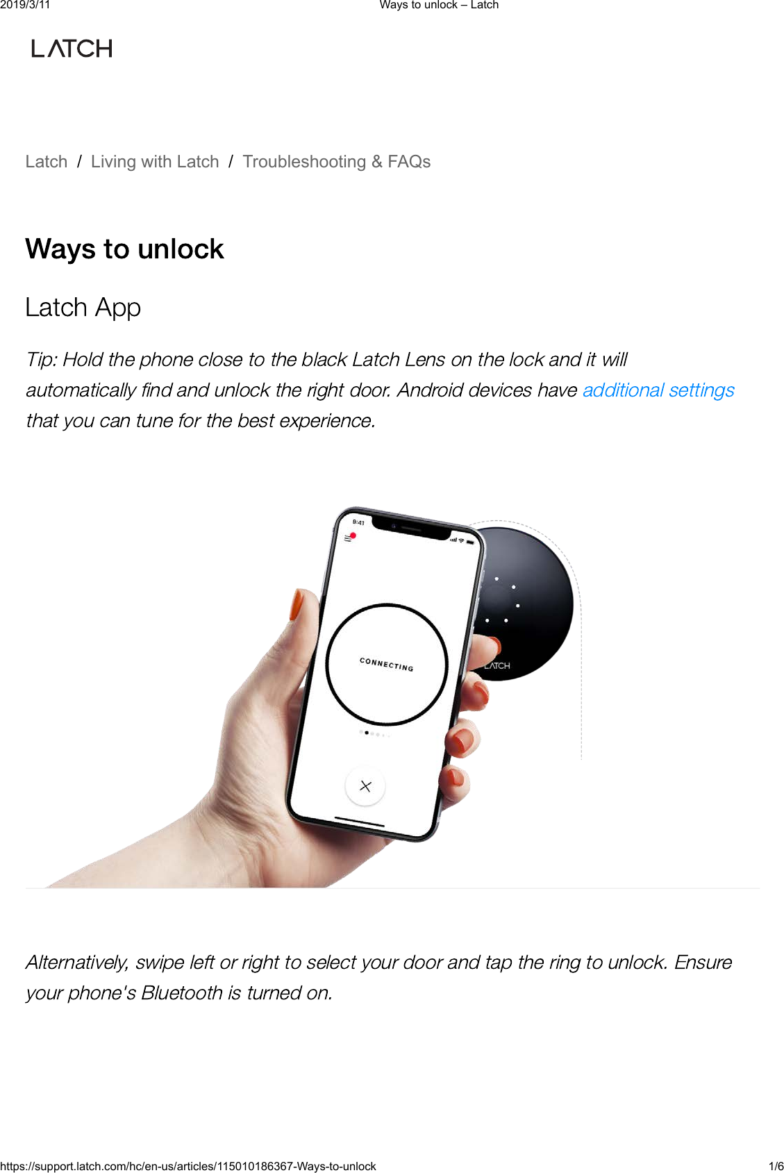 2019/3/11 Ways to unlock &ndash; Latchhttps://support.latch.com/hc/en-us/articles/115010186367-Ways-to-unlock 1/6Latch / Living with Latch / Troubleshooting &amp; FAQs