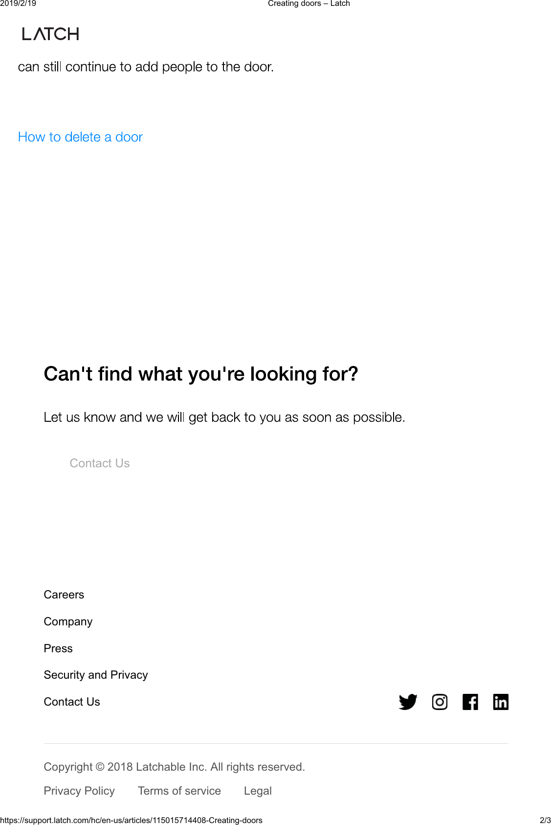  &amp;UHDWLQJGRRUV&plusmn;/DWFKKWWSVVXSSRUWODWFKFRPKFHQXVDUWLFOHV&amp;UHDWLQJGRRUV &amp;RQWDFW8V&amp;DUHHUV&amp;RPSDQ\3UHVV6HFXULW\DQG3ULYDF\&amp;RQWDFW8V&amp;RS\ULJKW/DWFKDEOH,QF$OOULJKWVUHVHUYHG3ULYDF\3ROLF\ 7HUPVRIVHUYLFH /HJDO