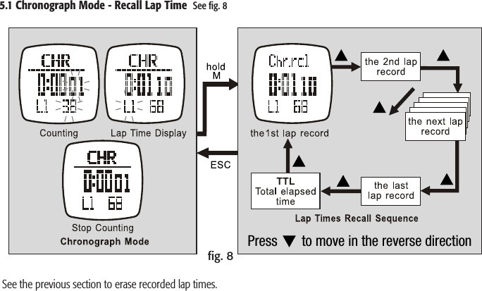 Press       to move in the reverse directionﬁg. 85.1 Chronograph Mode - Recall Lap Time  See ﬁg. 8 See the previous section to erase recorded lap times.