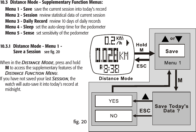 ﬁg. 20  Menu 1 - Save  save the current session into today&apos;s record  Menu 2 - Session  review statistical data of current session  Menu 3 - Daily Record  review 10 days of daily records   Menu 4 - Sleep  set the auto-sleep time for the pedometer  Menu 5 - Sense  set sensitivity of the pedometer 10.3  Distance Mode - Supplementary Function Menus:  10.3.1  Distance Mode - Menu 1 -            Save a Session   see ﬁg. 20 When in the Distance Mode, press and hold M to access the supplementary features of the  Distance Function Menu. If you have not saved your last Session, the watch will auto-save it into today&apos;s record at midnight.