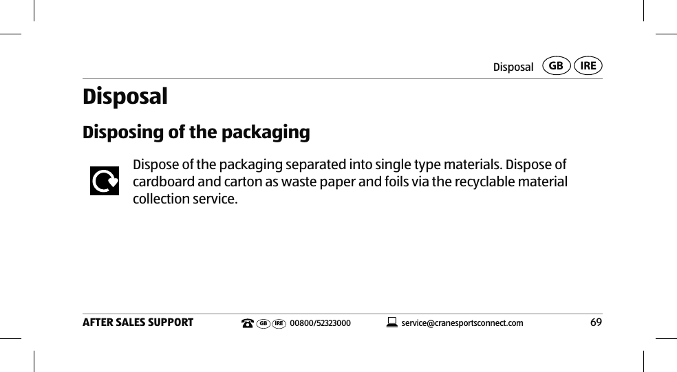 Disposal69AFTER SALES SUPPORT service@cranesportsconnect.comGB IREGB IRE 00800/52323000DisposalDisposing of the packagingDispose of the packaging separated into single type materials. Dispose of cardboard and carton as waste paper and foils via the recyclable material collection service.