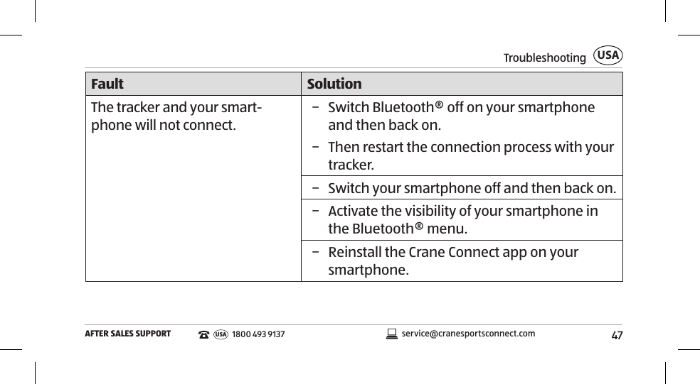 47TroubleshootingAFTER SALES SUPPORTUSAservice@cranesportsconnect.comUSA1800 493 9137Fault SolutionThe tracker and your smart-phone will not connect.  − Switch Bluetooth® off on your smartphone and then back on.  − Then restart the connection process with your tracker.  − Switch your smartphone off and then back on.  − Activate the visibility of your smartphone in the Bluetooth® menu.  − Reinstall the Crane Connect app on your smartphone. 