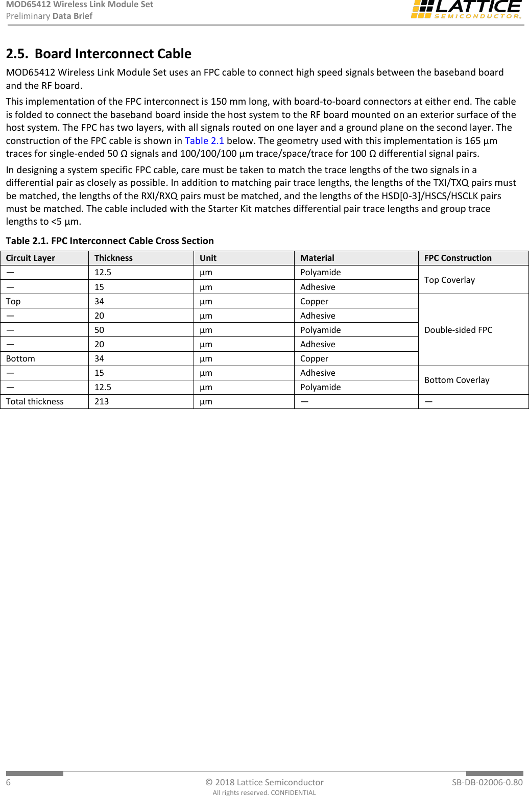 MOD65412 Wireless Link Module Set Preliminary Data Brief  6  © 2018 Lattice Semiconductor  SB-DB-02006-0.80 All rights reserved. CONFIDENTIAL 2.5. Board Interconnect Cable MOD65412 Wireless Link Module Set uses an FPC cable to connect high speed signals between the baseband board and the RF board. This implementation of the FPC interconnect is 150 mm long, with board-to-board connectors at either end. The cable is folded to connect the baseband board inside the host system to the RF board mounted on an exterior surface of the host system. The FPC has two layers, with all signals routed on one layer and a ground plane on the second layer. The construction of the FPC cable is shown in Table 2.1 below. The geometry used with this implementation is 165 µm traces for single-ended 50 Ω signals and 100/100/100 µm trace/space/trace for 100 Ω differential signal pairs. In designing a system specific FPC cable, care must be taken to match the trace lengths of the two signals in a differential pair as closely as possible. In addition to matching pair trace lengths, the lengths of the TXI/TXQ pairs must be matched, the lengths of the RXI/RXQ pairs must be matched, and the lengths of the HSD[0-3]/HSCS/HSCLK pairs must be matched. The cable included with the Starter Kit matches differential pair trace lengths and group trace lengths to &lt;5 µm.  Table 2.1. FPC Interconnect Cable Cross Section Circuit Layer Thickness Unit Material FPC Construction — 12.5 µm Polyamide Top Coverlay — 15 µm Adhesive Top 34 µm Copper Double-sided FPC — 20 µm Adhesive — 50 µm Polyamide — 20 µm Adhesive Bottom 34 µm Copper — 15 µm Adhesive Bottom Coverlay — 12.5 µm Polyamide Total thickness 213 µm — —  