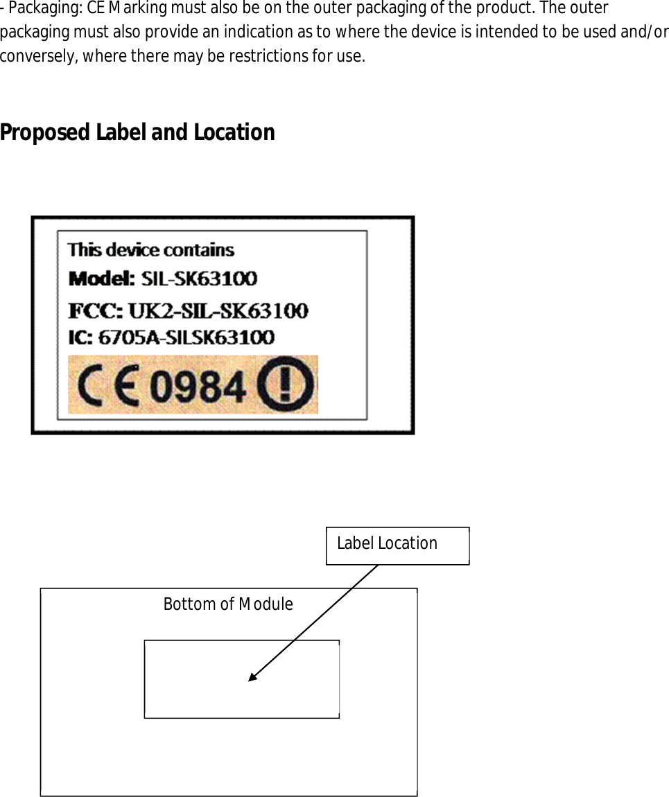 - Packaging: CE Marking must also be on the outer packaging of the product. The outer packaging must also provide an indication as to where the device is intended to be used and/or conversely, where there may be restrictions for use.   Proposed Label and Location                              Bottom of Module  Label Location  