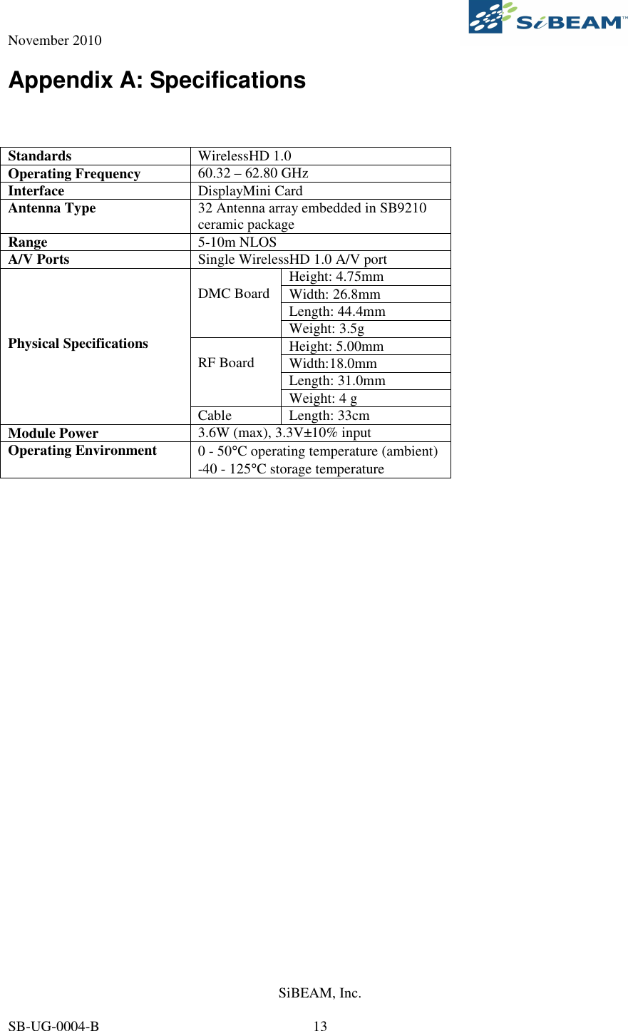 November 2010     SiBEAM, Inc.   SB-UG-0004-B  13 Appendix A: Specifications    Standards  WirelessHD 1.0 Operating Frequency  60.32 – 62.80 GHz Interface  DisplayMini Card  Antenna Type  32 Antenna array embedded in SB9210 ceramic package Range  5-10m NLOS A/V Ports  Single WirelessHD 1.0 A/V port Height: 4.75mm Width: 26.8mm Length: 44.4mm  DMC Board Weight: 3.5g Height: 5.00mm Width:18.0mm Length: 31.0mm  RF Board Weight: 4 g     Physical Specifications Cable  Length: 33cm Module Power  3.6W (max), 3.3V±10% input Operating Environment  0 - 50°C operating temperature (ambient) -40 - 125°C storage temperature    