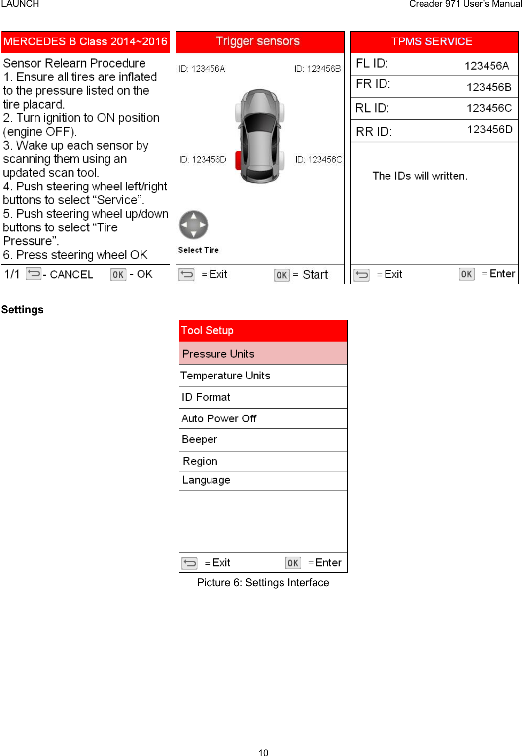 LAUNCH                                                                                Creader 971 User’s Manual 10      Settings  Picture 6: Settings Interface   