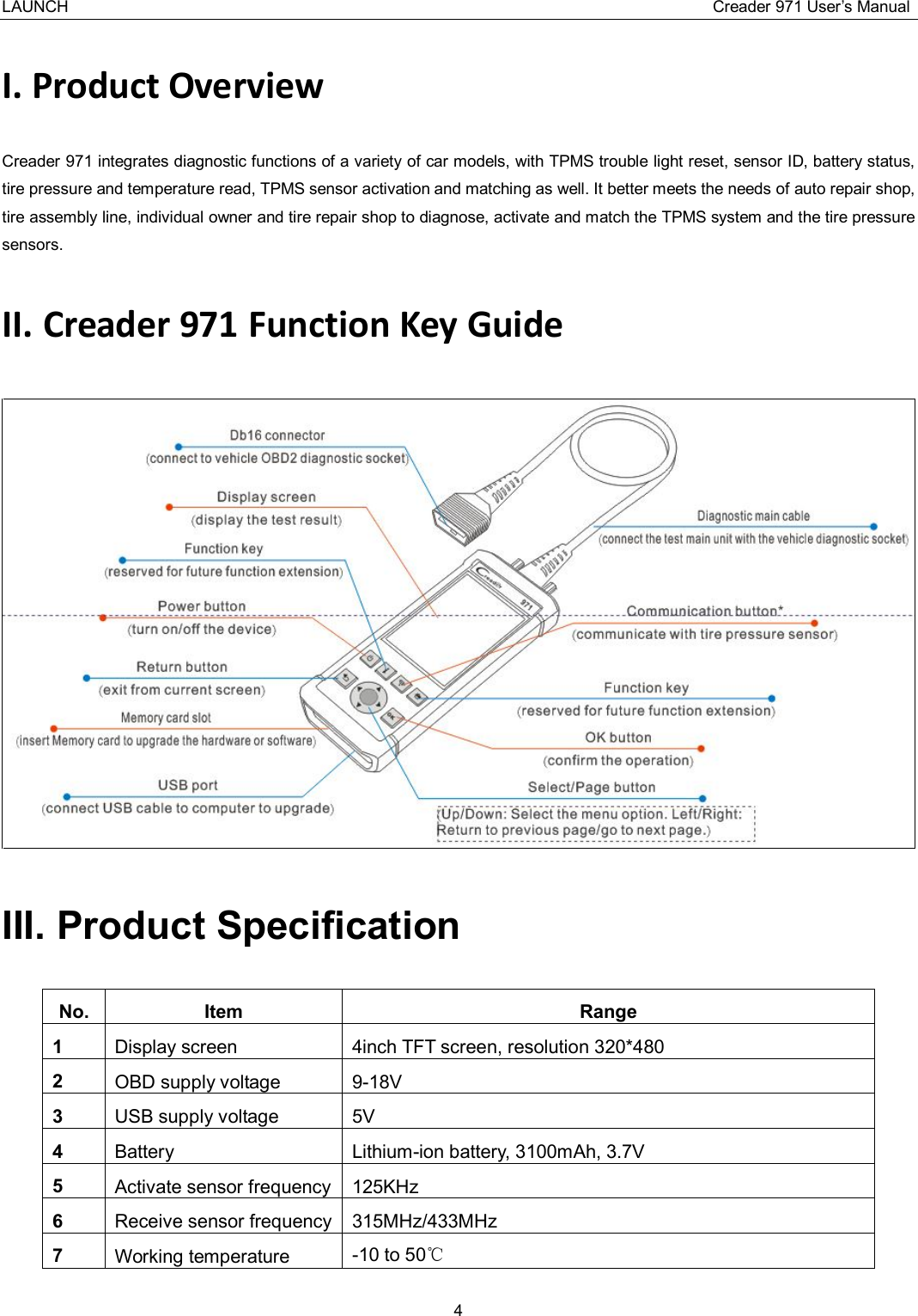 LAUNCH                                                                                Creader 971 User’s Manual 4  I. Product Overview Creader 971 integrates diagnostic functions of a variety of car models, with TPMS trouble light reset, sensor ID, battery status, tire pressure and temperature read, TPMS sensor activation and matching as well. It better meets the needs of auto repair shop, tire assembly line, individual owner and tire repair shop to diagnose, activate and match the TPMS system and the tire pressure sensors. II. Creader 971 Function Key Guide  III. Product Specification No. Item Range 1  Display screen 4inch TFT screen, resolution 320*480 2  OBD supply voltage 9-18V 3  USB supply voltage 5V 4  Battery Lithium-ion battery, 3100mAh, 3.7V 5  Activate sensor frequency 125KHz 6  Receive sensor frequency 315MHz/433MHz 7  Working temperature -10 to 50℃ 