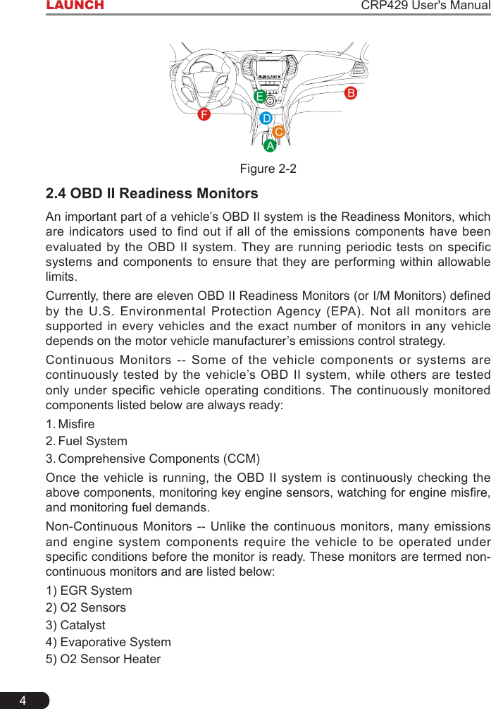 4LAUNCH CRP429 User&apos;s ManualFigure 2-22.4 OBD II Readiness MonitorsAn important part of a vehicle’s OBD II system is the Readiness Monitors, which are indicators used to find out if all of the emissions components have been evaluated by  the  OBD II system. They are  running  periodic tests on  specific systems and components to ensure that they are performing within allowable limits.Currently, there are eleven OBD II Readiness Monitors (or I/M Monitors) dened by the U.S. Environmental Protection Agency (EPA). Not all monitors are supported in every vehicles and the exact number of monitors in any vehicle depends on the motor vehicle manufacturer’s emissions control strategy.Continuous Monitors -- Some of the vehicle components or systems are continuously tested  by the  vehicle’s  OBD  II system,  while  others are  tested only under specific vehicle operating conditions. The continuously monitored components listed below are always ready:1. Misre2. Fuel System3. Comprehensive Components (CCM)Once the vehicle  is  running, the OBD II  system  is continuously checking  the above components, monitoring key engine sensors, watching for engine misre, and monitoring fuel demands. Non-Continuous Monitors -- Unlike the continuous monitors, many emissions and engine system components require the vehicle to be operated under specic conditions before the monitor is ready. These monitors are termed non-continuous monitors and are listed below:1) EGR System2) O2 Sensors3) Catalyst4) Evaporative System5) O2 Sensor Heater