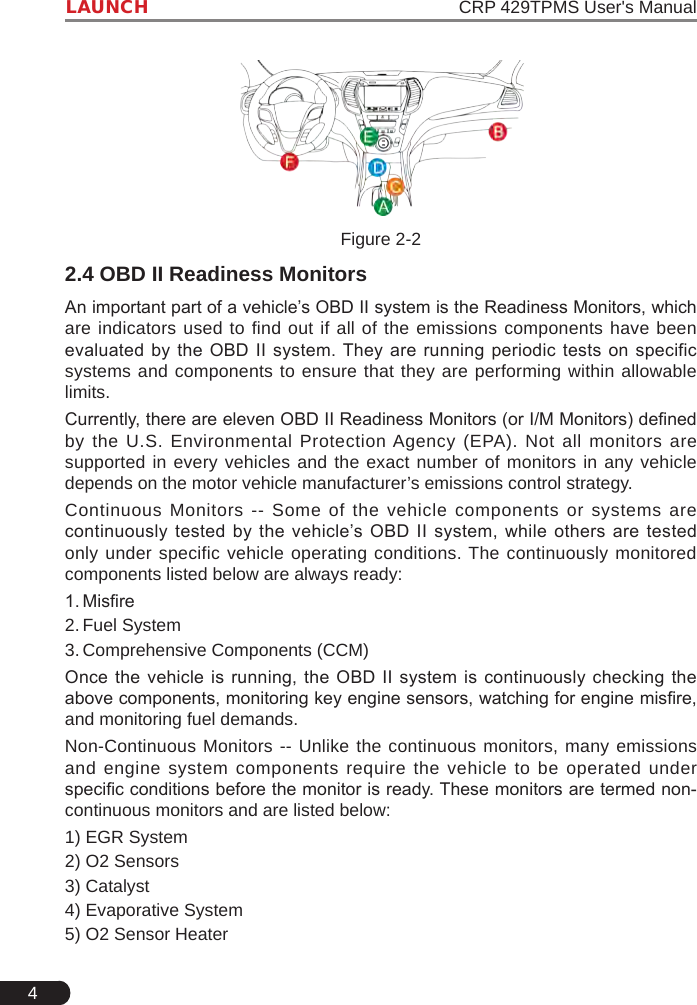 4LAUNCH                                                               CRP 429TPMS User&apos;s ManualFigure 2-22.4 OBD II Readiness MonitorsAn important part of a vehicle’s OBD II system is the Readiness Monitors, which are indicators used to find out if all of the emissions components have been evaluated by the  OBD  II  system. They  are running periodic  tests  on  specific systems and components to ensure that they are performing within allowable limits.Currently, there are eleven OBD II Readiness Monitors (or I/M Monitors) dened by the U.S. Environmental Protection Agency (EPA). Not all monitors are supported in every vehicles and the exact number of monitors in any vehicle depends on the motor vehicle manufacturer’s emissions control strategy.Continuous Monitors -- Some of the vehicle components or systems are continuously tested  by  the vehicle’s OBD  II  system, while  others  are  tested only under specific vehicle operating conditions. The continuously monitored components listed below are always ready:1. Misre2. Fuel System3. Comprehensive Components (CCM)Once the vehicle  is  running,  the OBD II system  is  continuously  checking the above components, monitoring key engine sensors, watching for engine misre, and monitoring fuel demands. Non-Continuous Monitors -- Unlike the continuous monitors, many emissions and engine system components require the vehicle to be operated under specic conditions before the monitor is ready. These monitors are termed non-continuous monitors and are listed below:1) EGR System2) O2 Sensors3) Catalyst4) Evaporative System5) O2 Sensor Heater