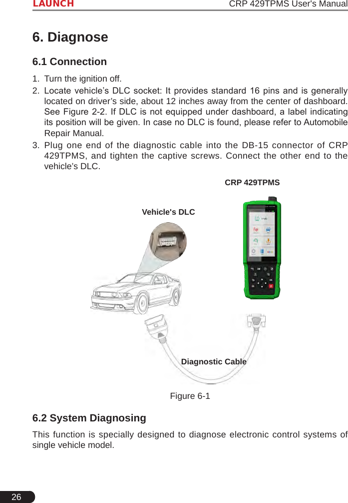 26LAUNCH                                                               CRP 429TPMS User&apos;s Manual6. Diagnose6.1 Connection1.  Turn the ignition off.2.  Locate vehicle’s DLC  socket:  It  provides  standard  16  pins  and  is  generally located on driver’s side, about 12 inches away from the center of dashboard. See Figure  2-2. If DLC is not equipped  under dashboard, a label indicating its position will be given. In case no DLC is found, please refer to Automobile Repair Manual.3.  Plug one end of the diagnostic cable into the DB-15 connector of CRP 429TPMS, and tighten the captive screws. Connect the other end to the vehicle’s DLC.Diagnostic CableCRP 429TPMSVehicle&apos;s DLCFigure 6-16.2 System DiagnosingThis function is specially designed to diagnose electronic control systems of single vehicle model.